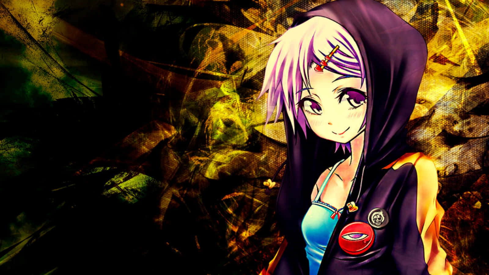 O tânără fată poartă un hanorac cu tematică anime pentru un look stilat Fundal