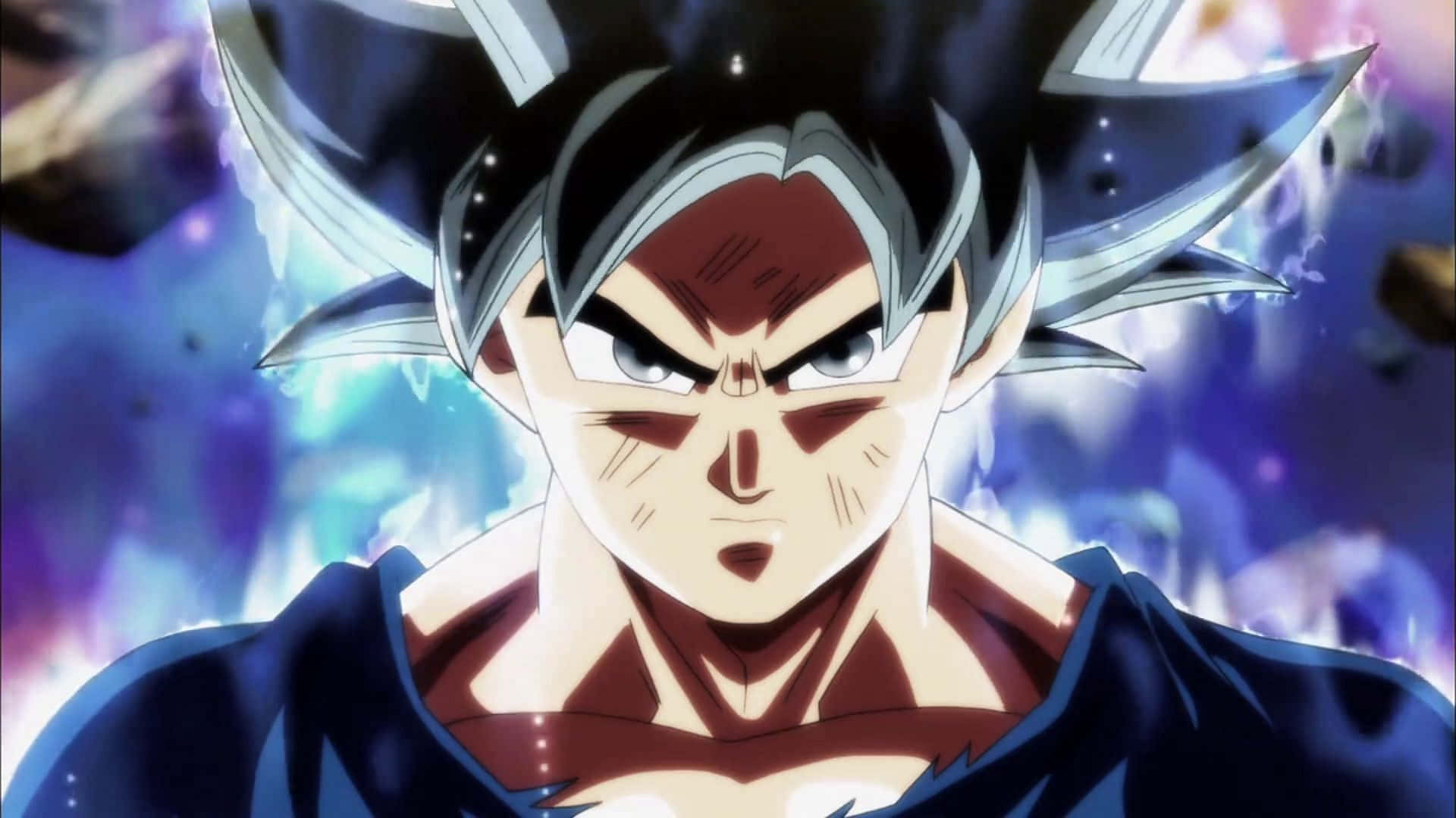Ochii lui Goku din Dragon Ball Super devenind argintii pe măsură ce deblochează puterea Ultra Instinct. Fundal