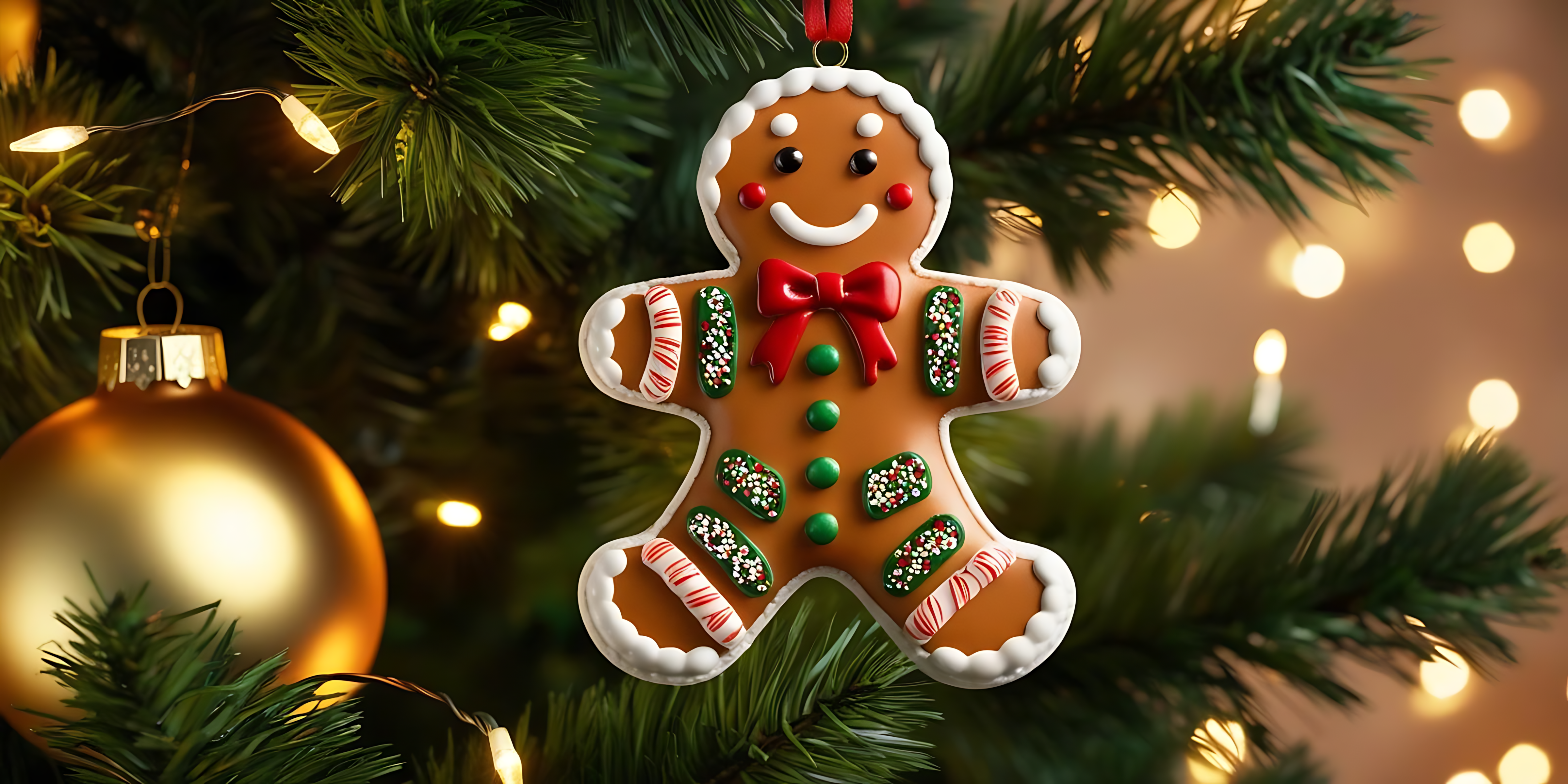 Om de turtă dulce ornament pe brad Fundal