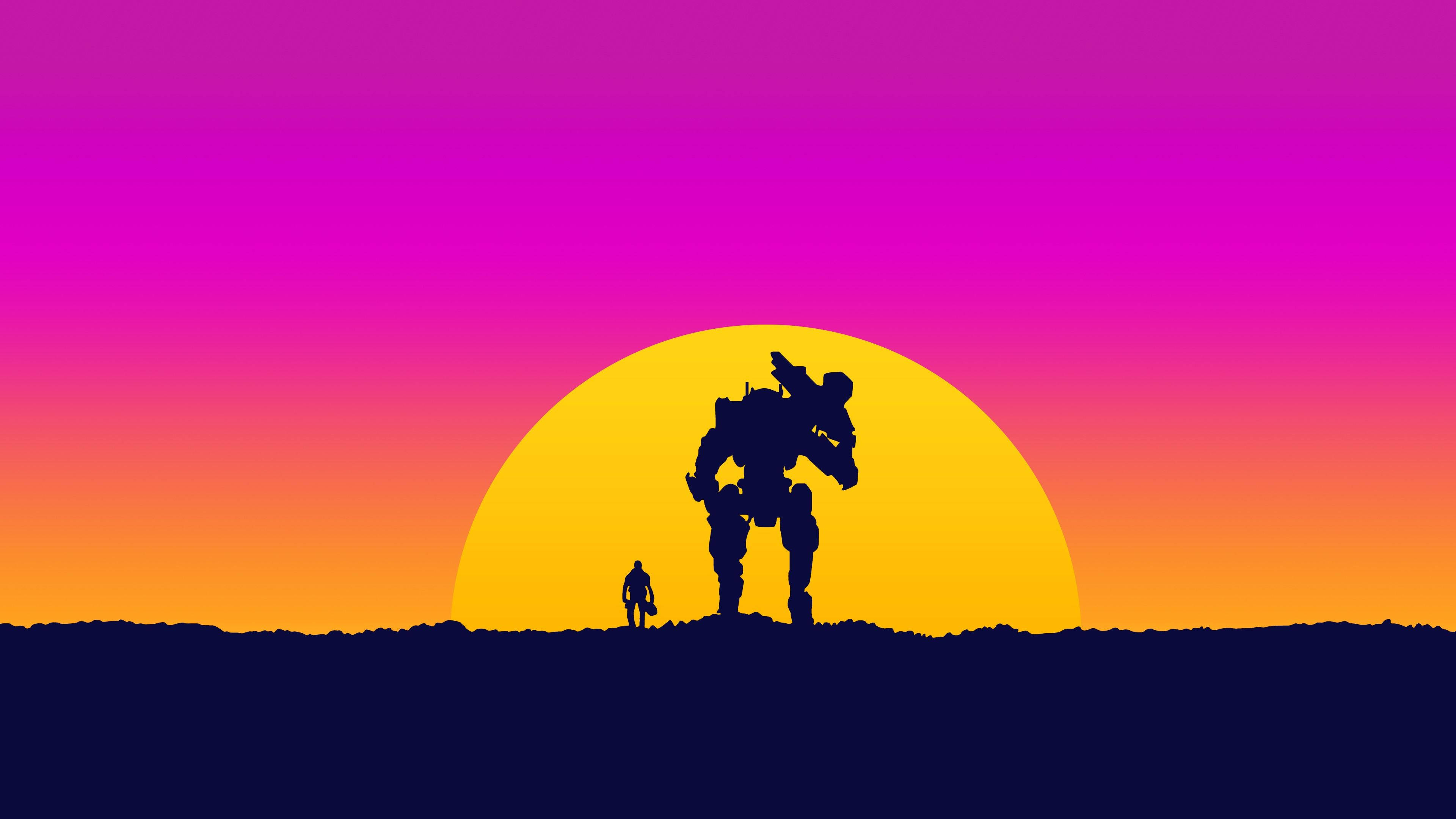 Om și robot jucându-se la apus Fundal