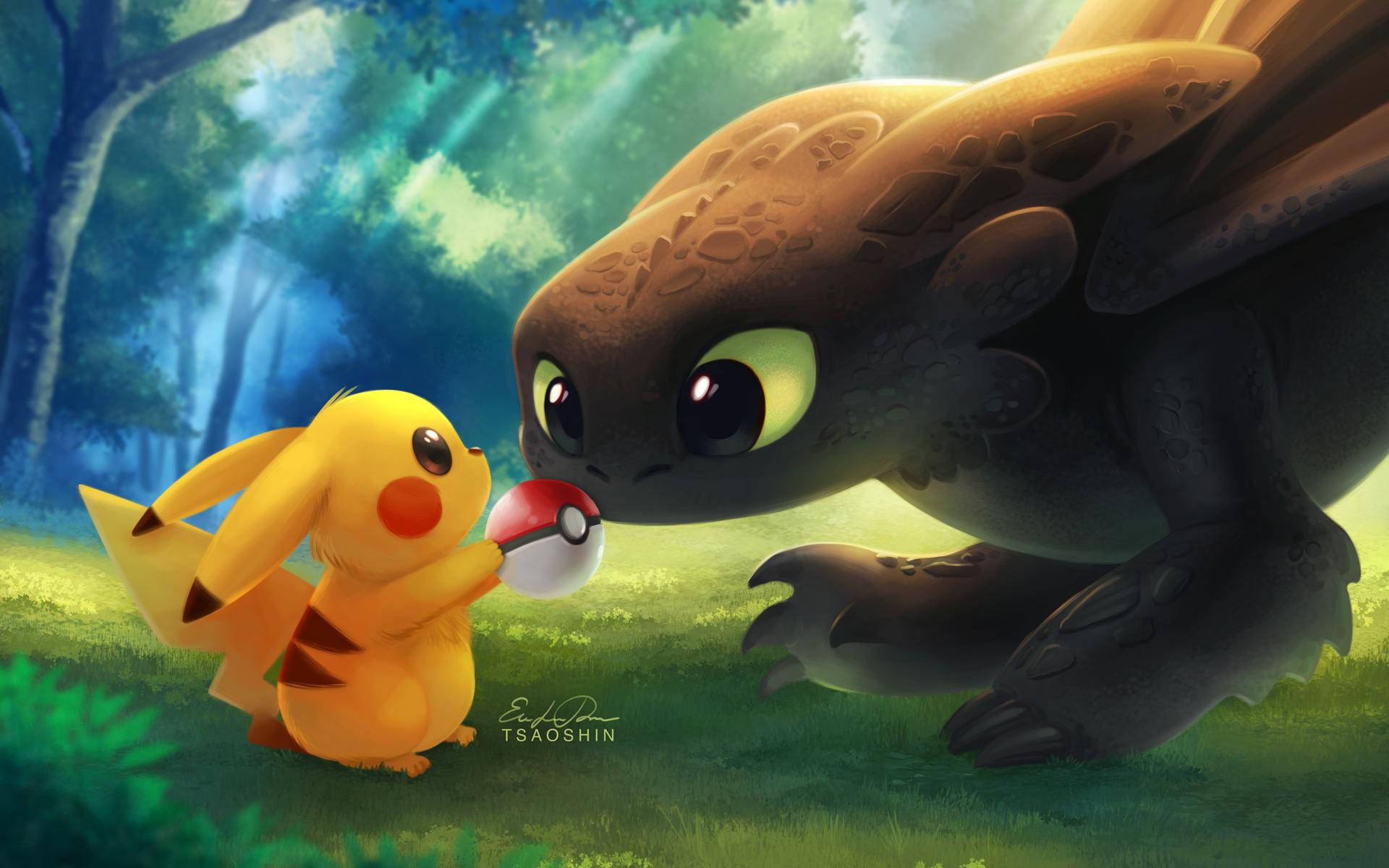 Omagiu adus două legende reale – Pikachu și Toothless. Fundal