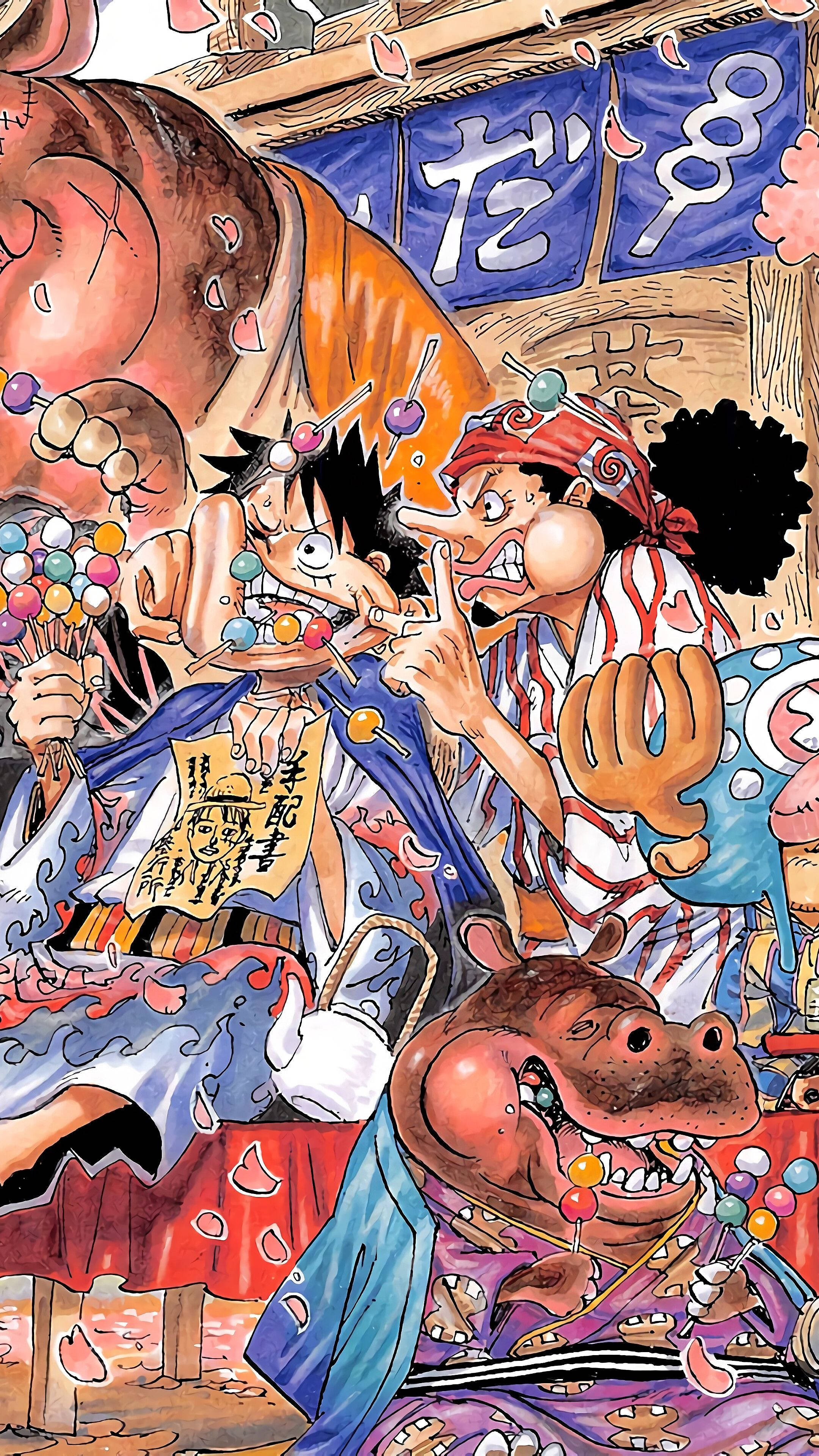 One Piece Telefon Luffy și Usopp Mâncând Dango Fundal