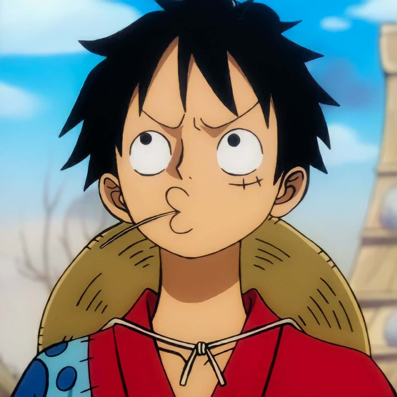 One Piece - un băiat cu o cămașă roșie și părul negru Fundal