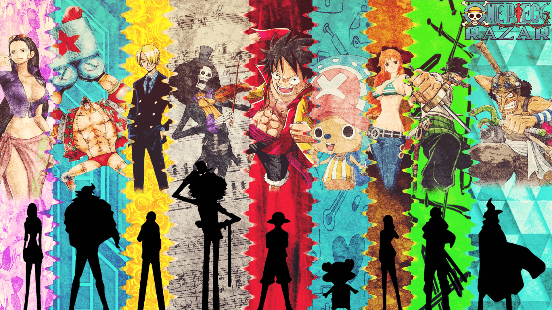 Opera de artă colorată a îndrăgitului pirat, Monkey D. Luffy, din One Piece. Fundal