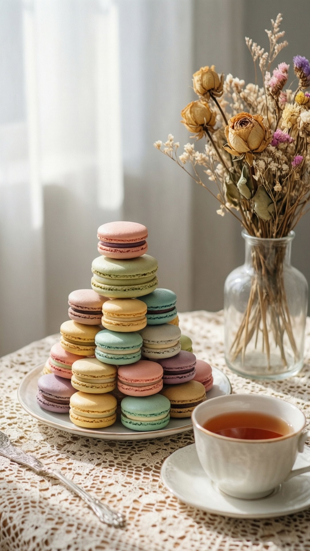Ora de ceai cu macarons pastelate Fundal