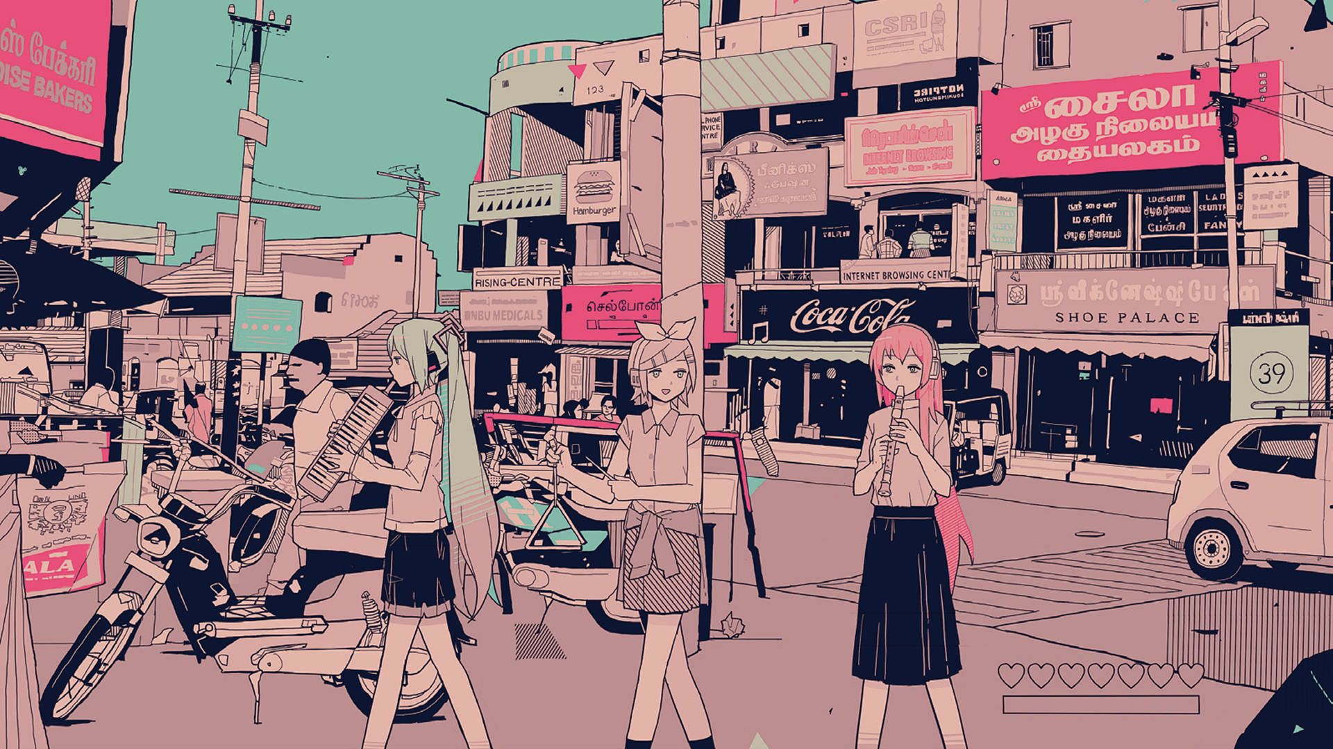 Oraș Anime Estetic Vintage Roz Fundal