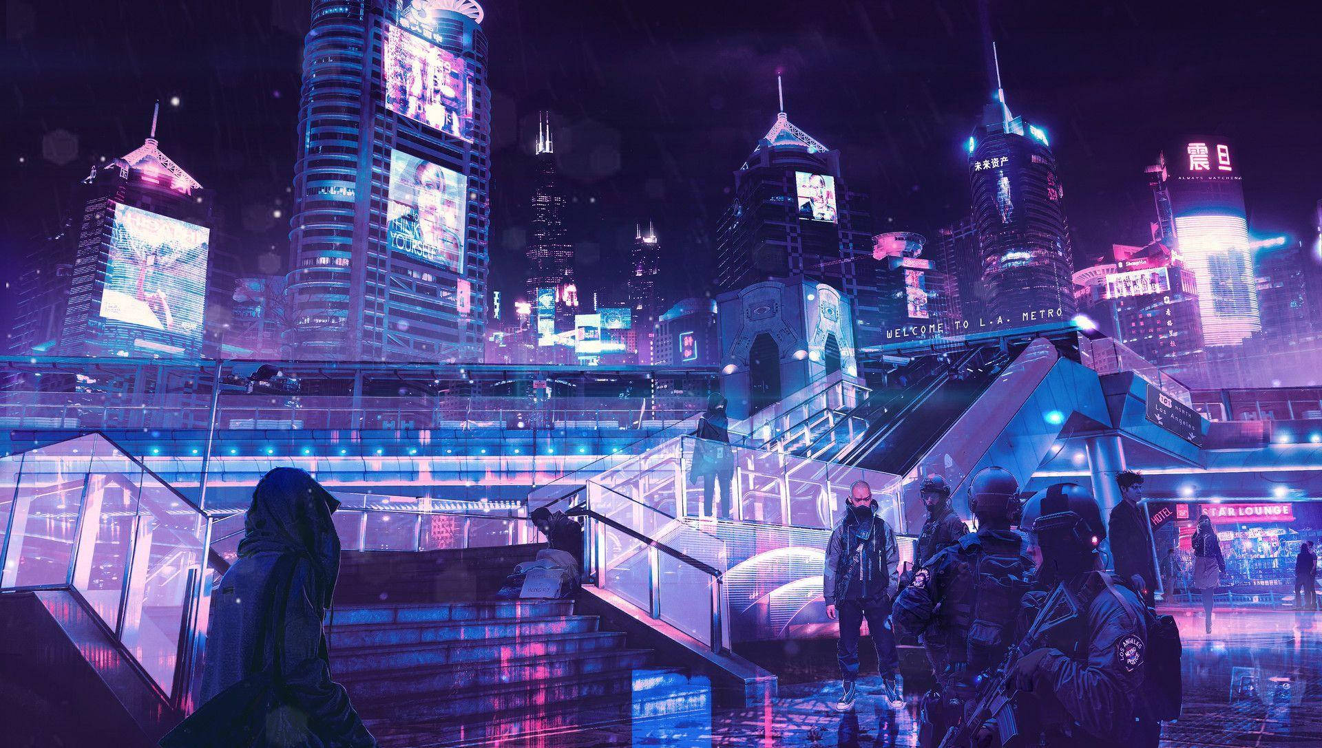 Oraș anime futurist, neon și estetică Fundal