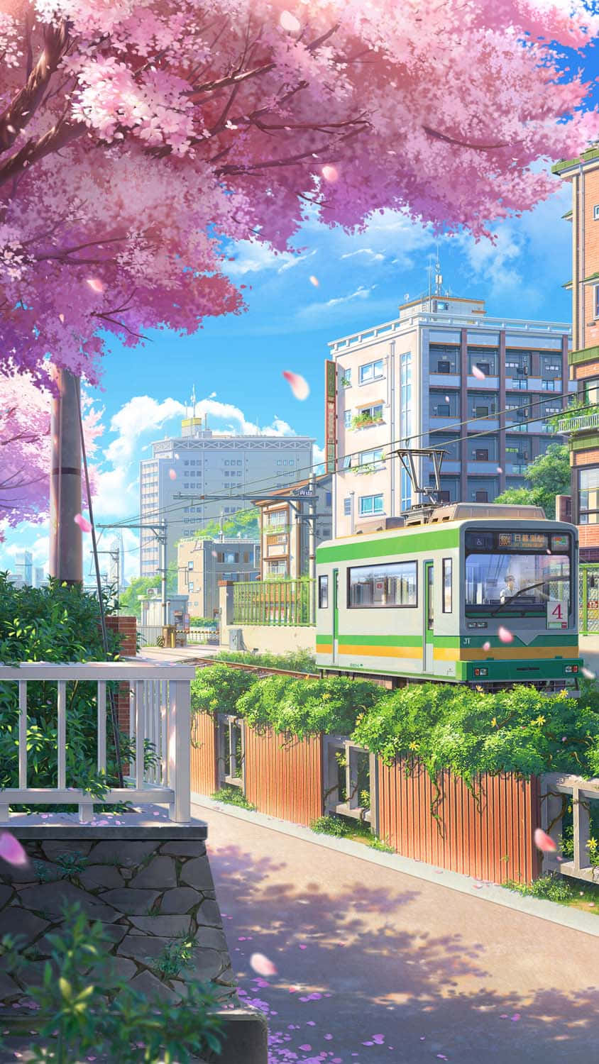 Oraș anime Tokyo cu copac de cireș înflorit Fundal