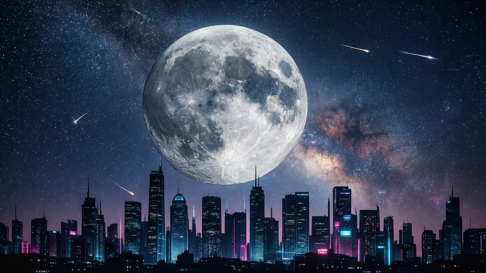 Oraș Cyberpunk cu Lună Fundal
