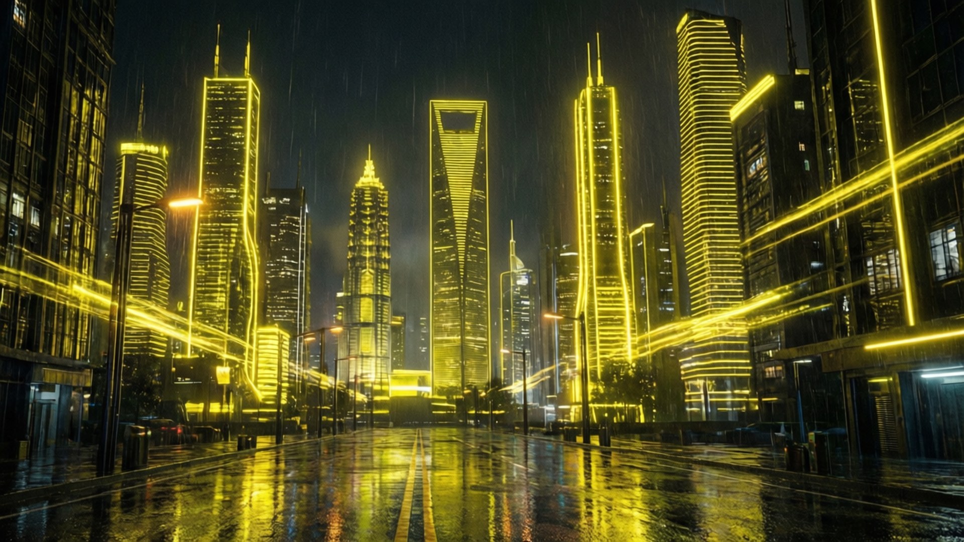 Oraș Cyberpunk Galben Neon Fundal
