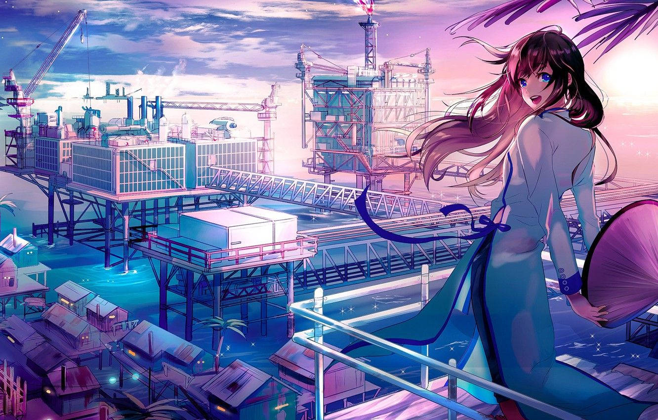 Oraș japonez anime cu o fată tânără Fundal