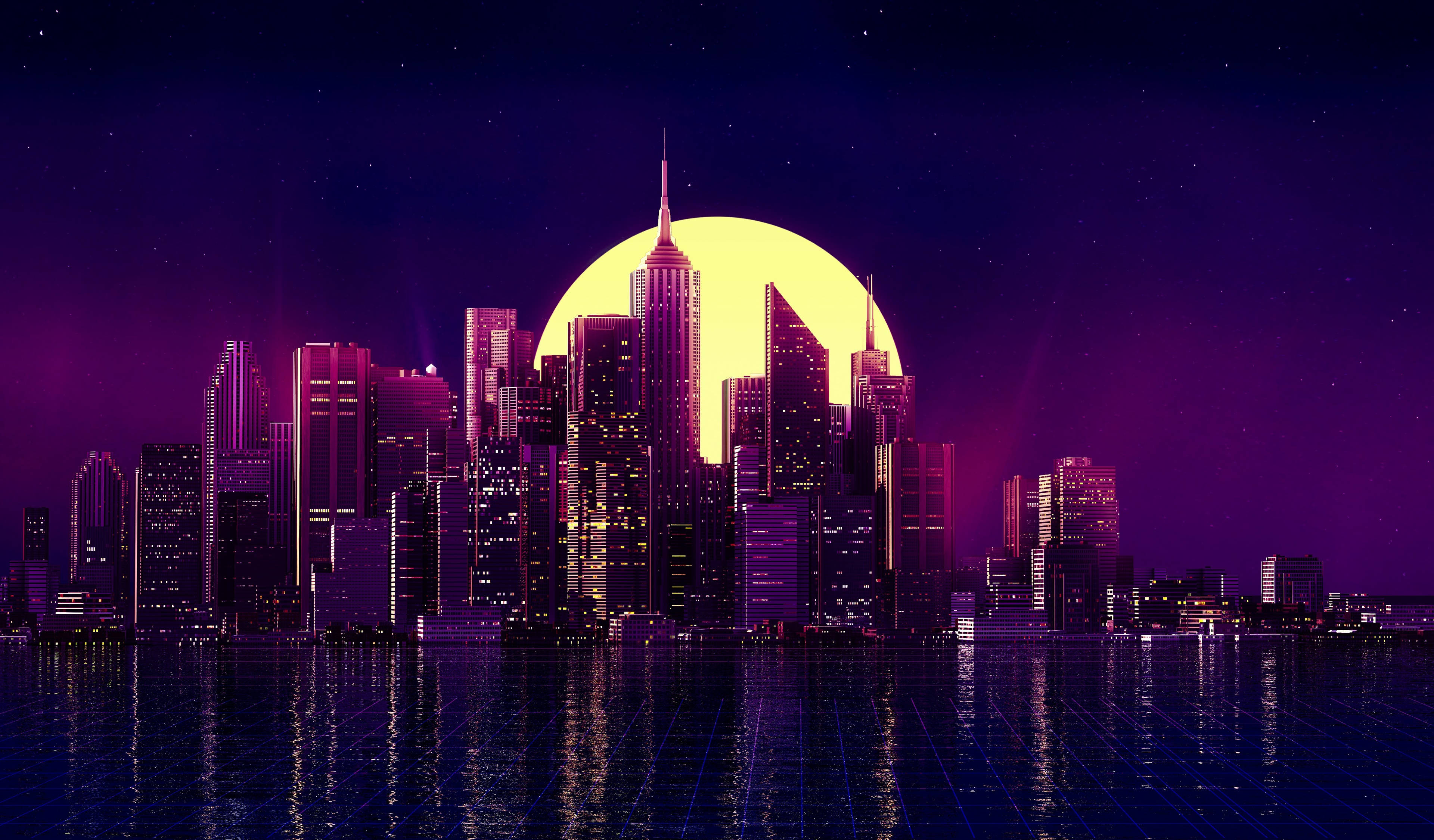 Oraș neon violet estetic iluminat de lună Fundal