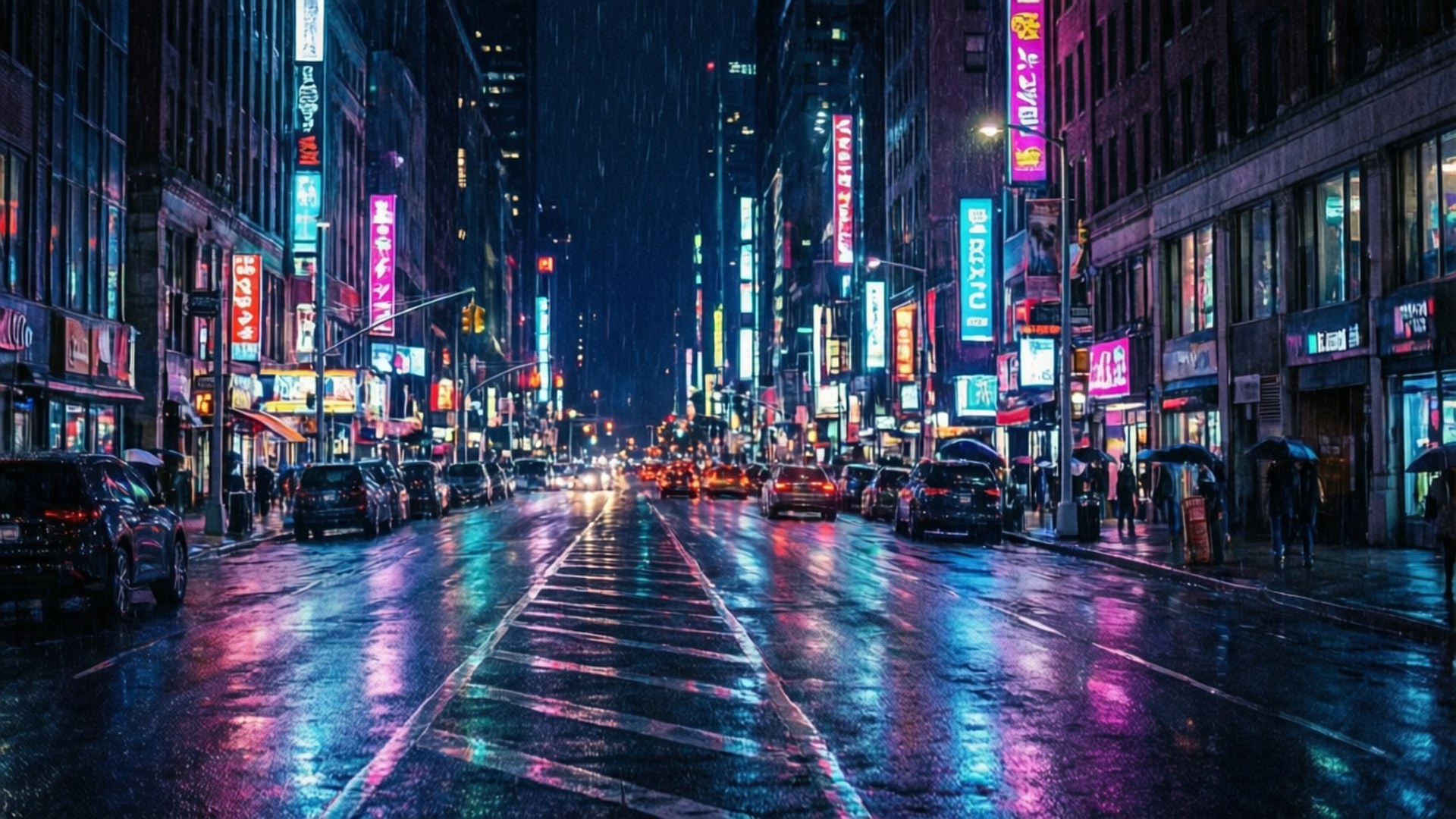 Oraș Nocturn cu Ploaie Neon Fundal