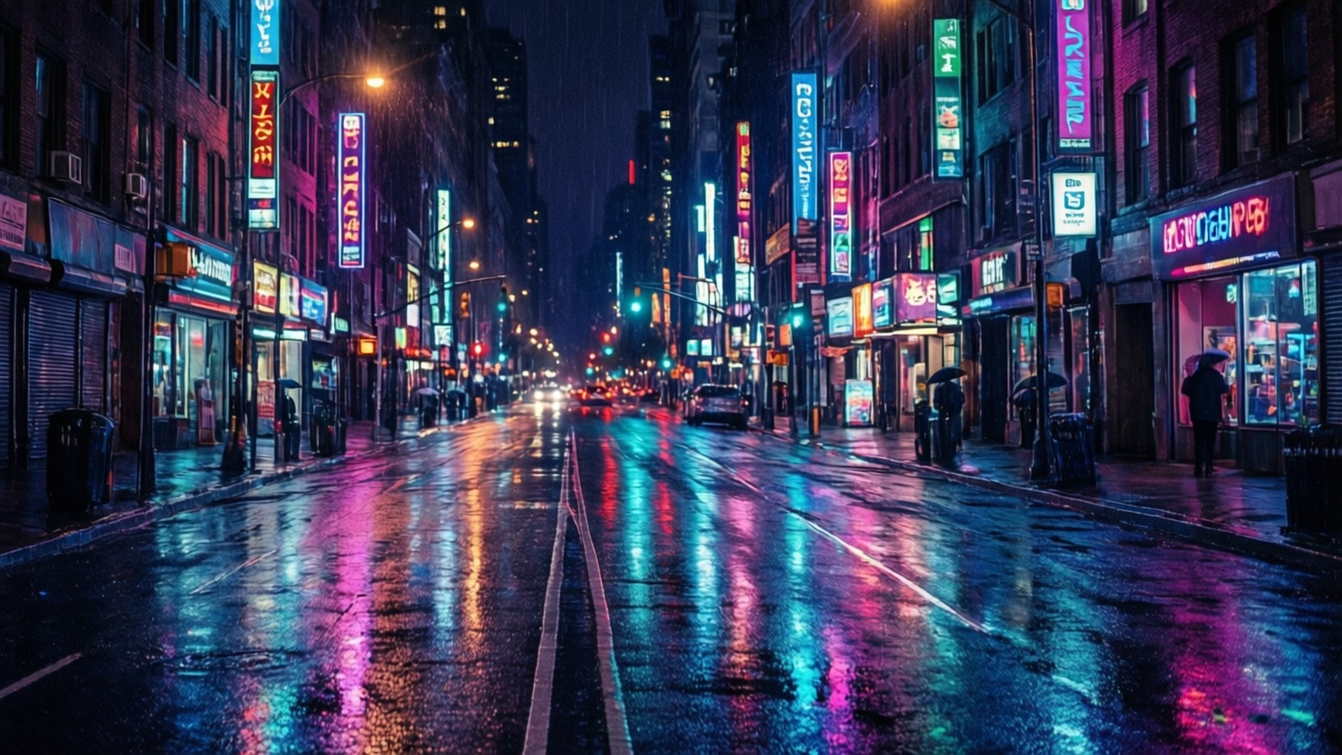 Oraș Nocturn Ploia Neon Fundal