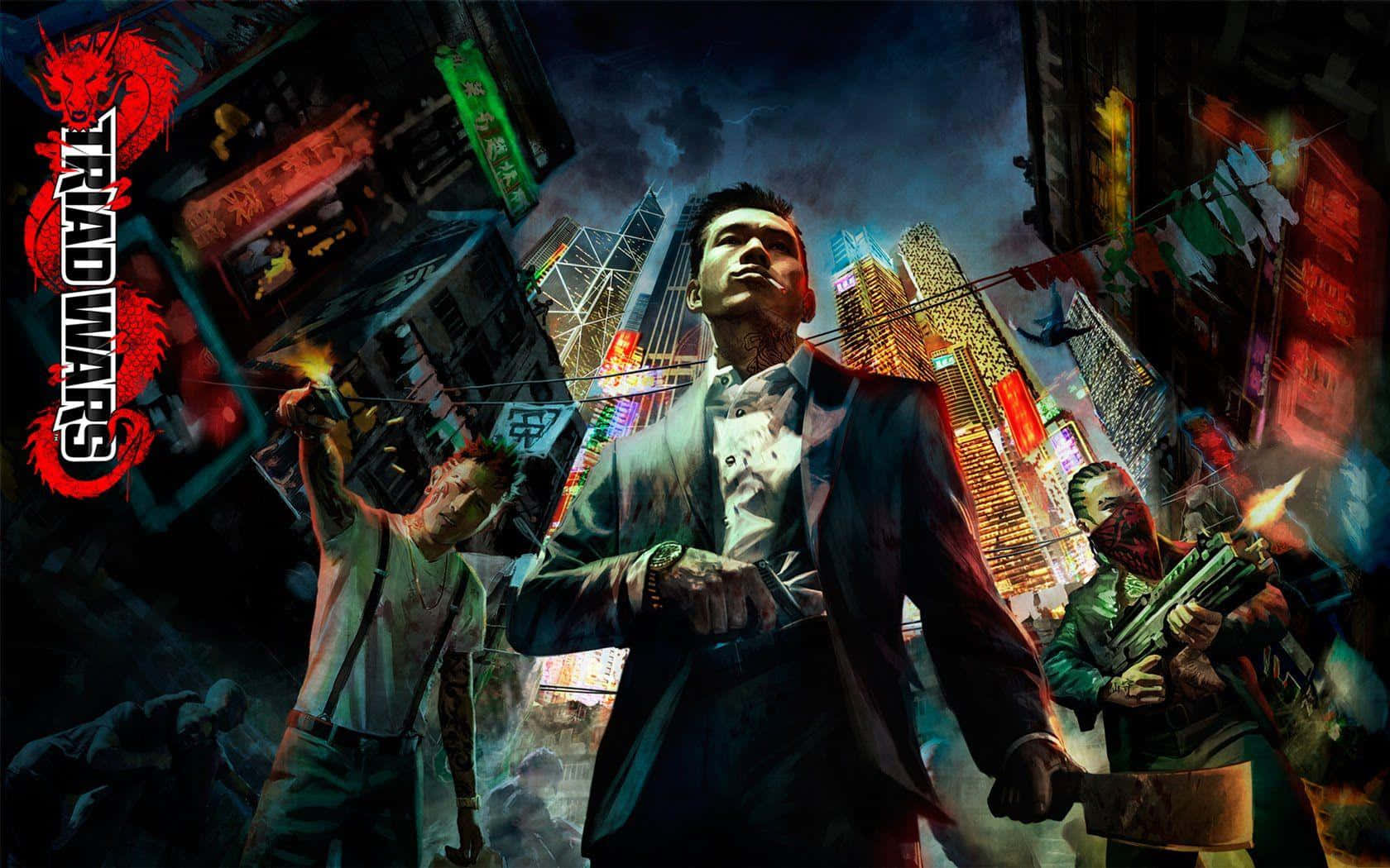 Orizontul orașului Hong Kong iluminat de neon Fundal