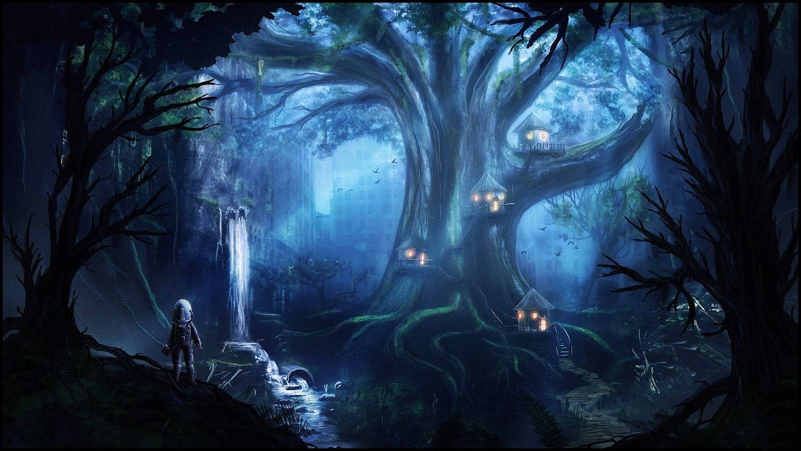 Pădure fermecată misterioasă cu o cascadă Fundal