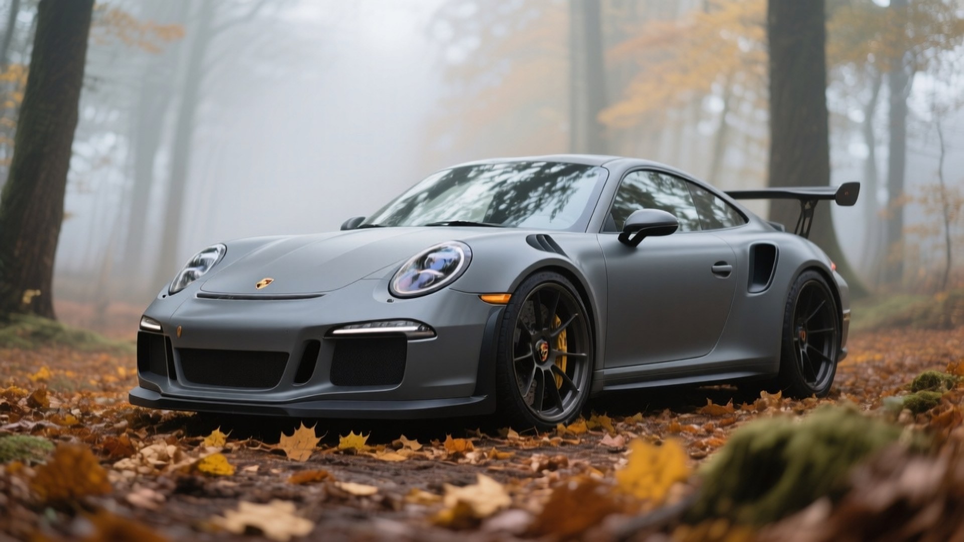 Porsche 911 GT3 RS gri mat în pădure de toamnă imagine de fundal
