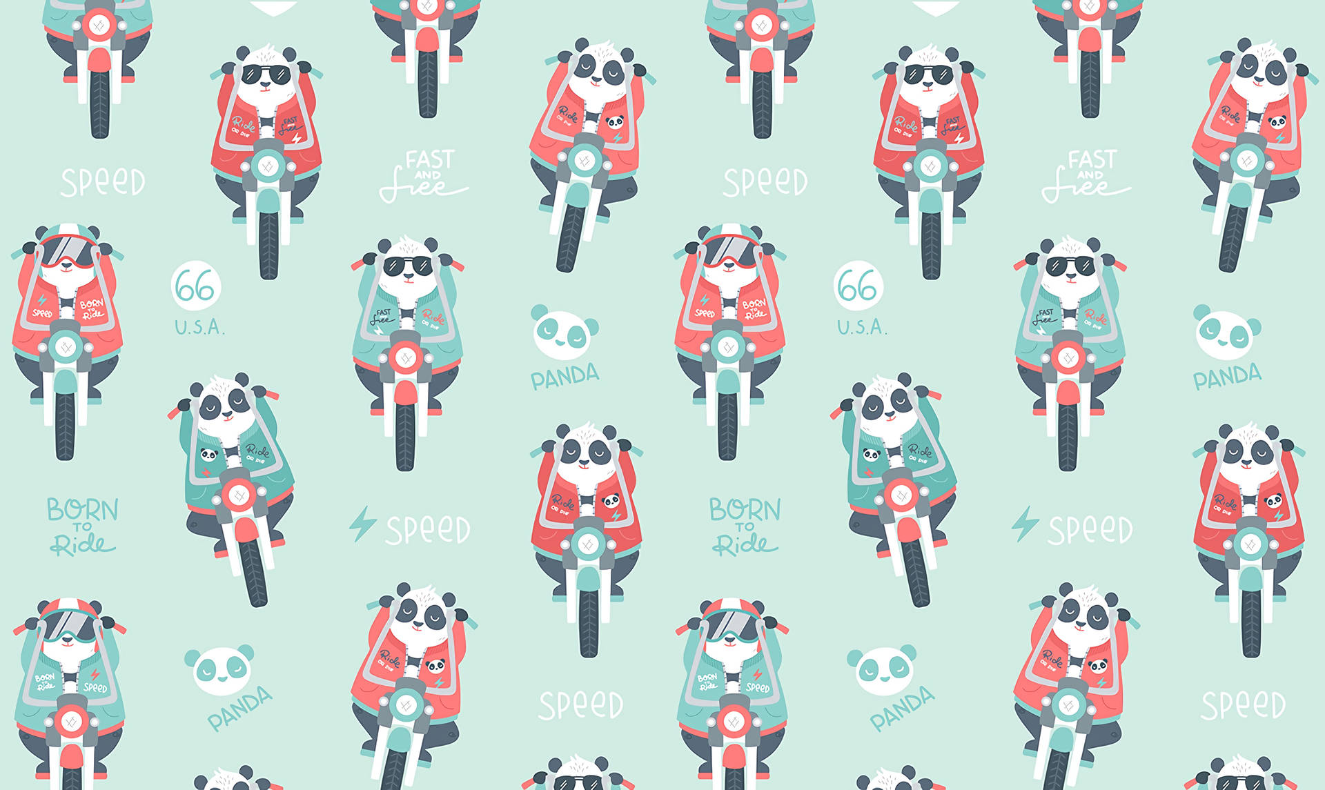 Panda pe motocicletă – fundal verde mentă cu model repetat — Panda Fundal