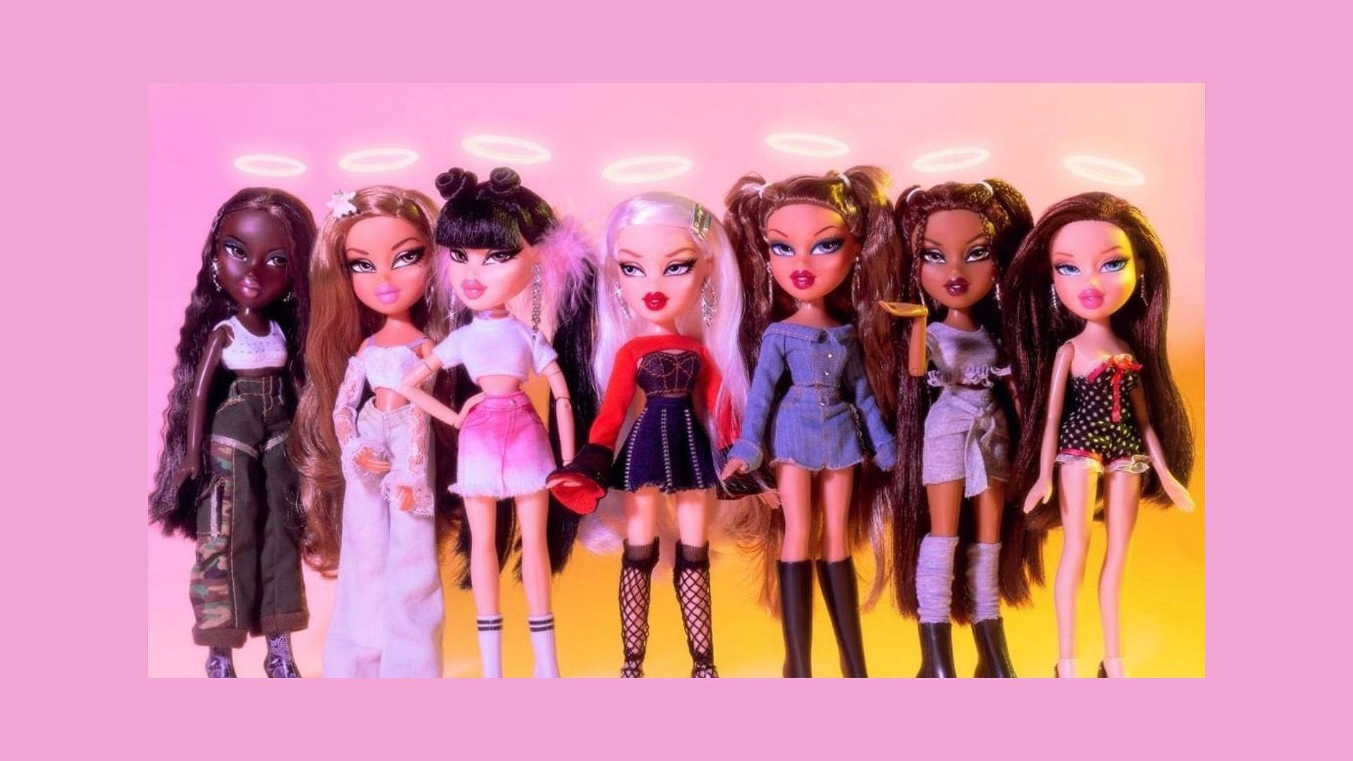 Păpuși Bratz Aesthetic care își adoptă stilul Halo. Fundal