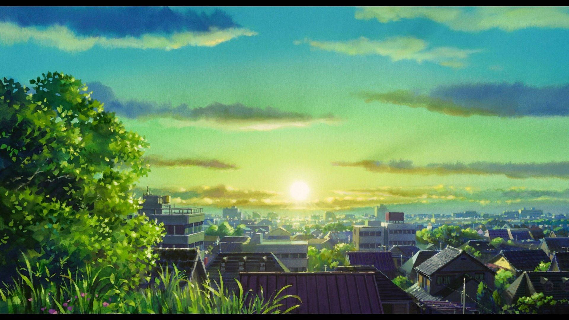 Peisaj anime cu soare răsărind Fundal