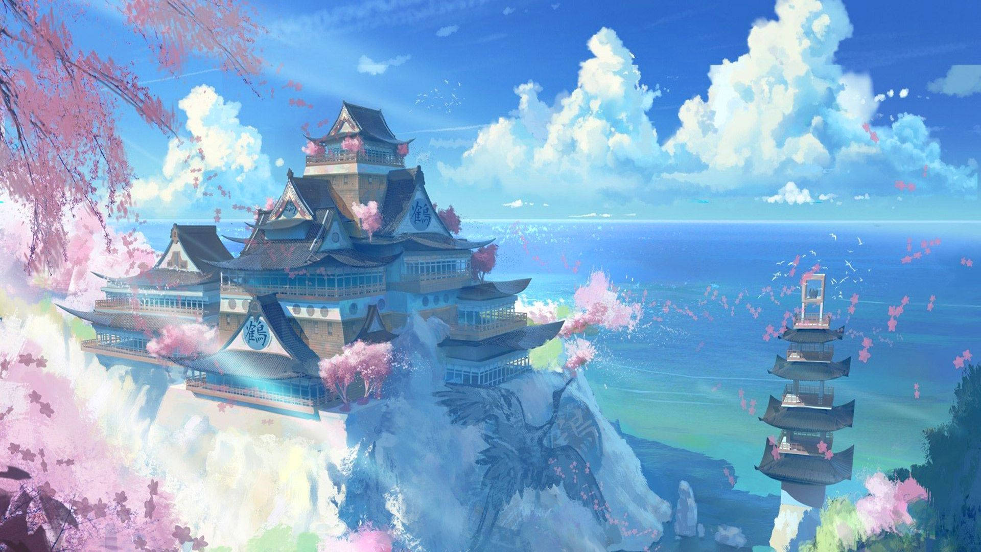 Peisaj anime cu castel japonez Fundal