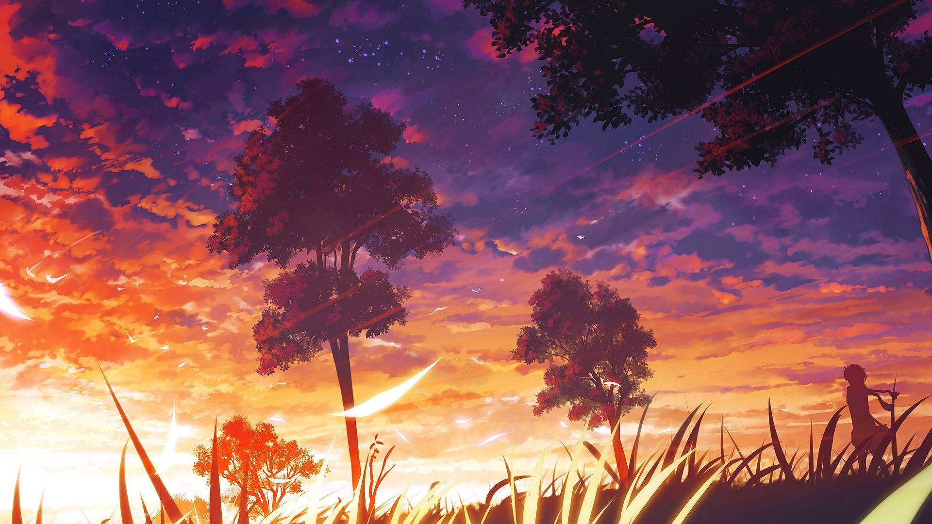 Peisaj anime estetic cu apus de soare iluminat Fundal