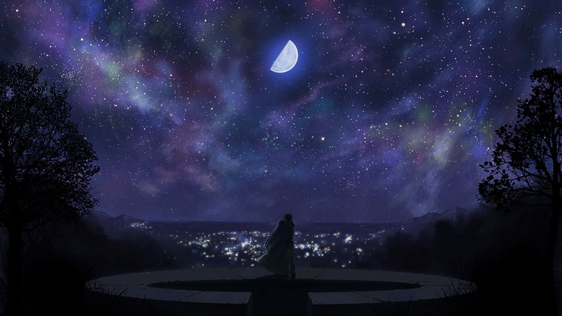 Peisaj anime fermecător cu un cireș înflorit Fundal