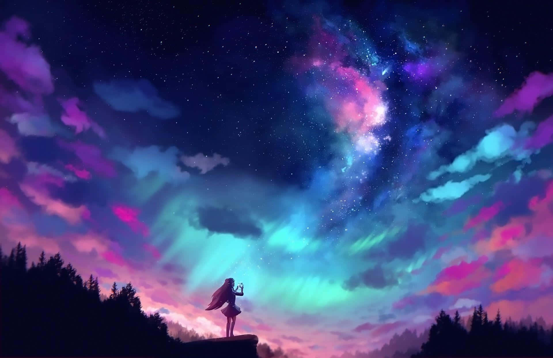 Peisaj Anime Vrăjitor în Nuanțe de Violet Fundal