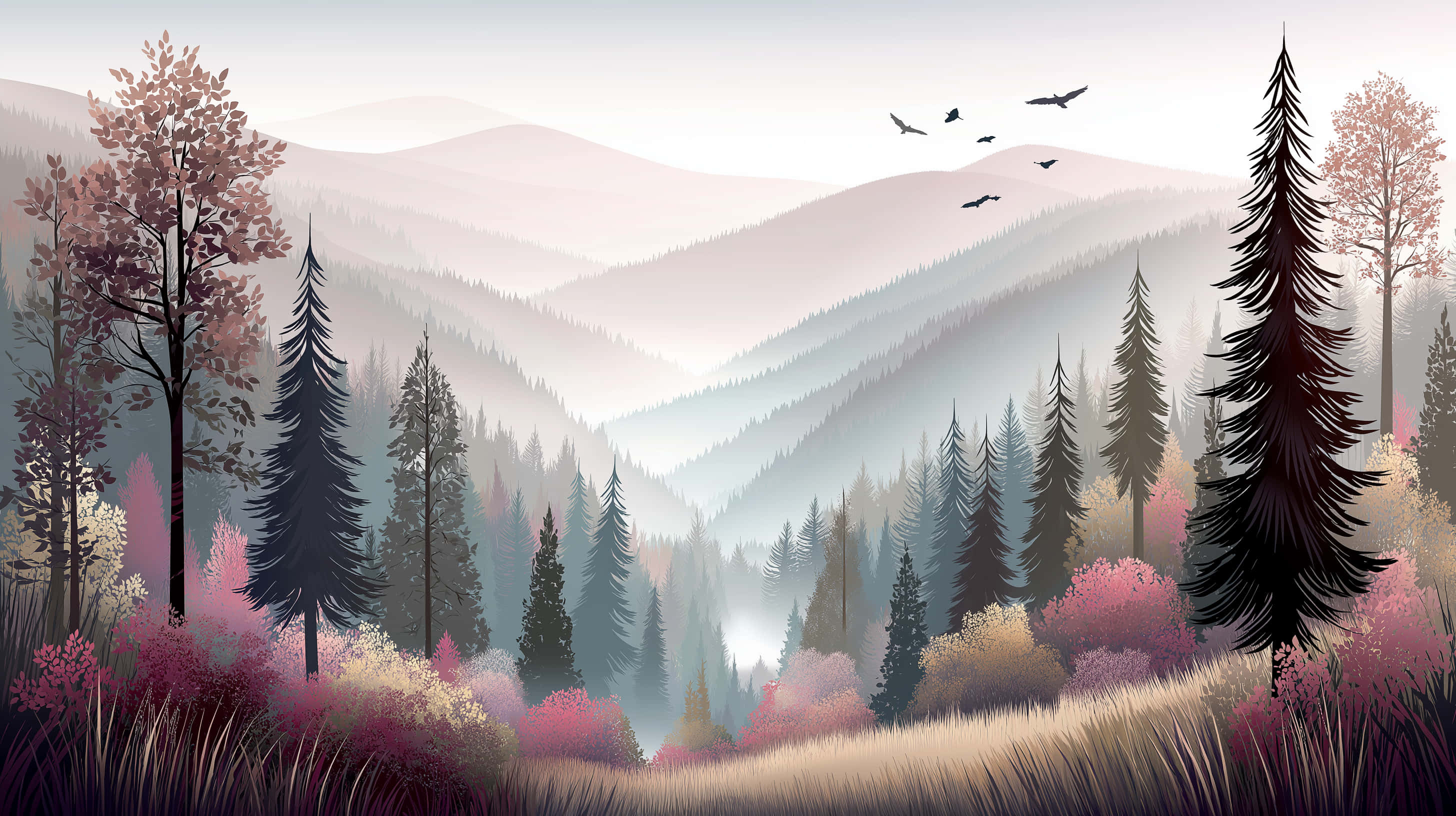 Peisaj de pădure montană cețoasă cu frunziș vibrant Fundal