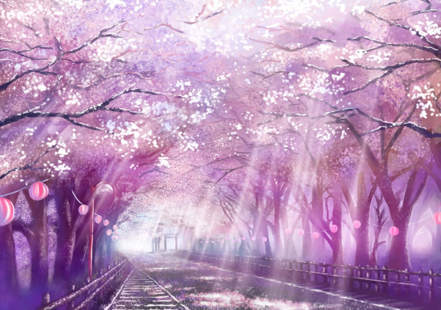 Peisaj Estetic cu Cireși Sakura Roz în Stil Anime Fundal