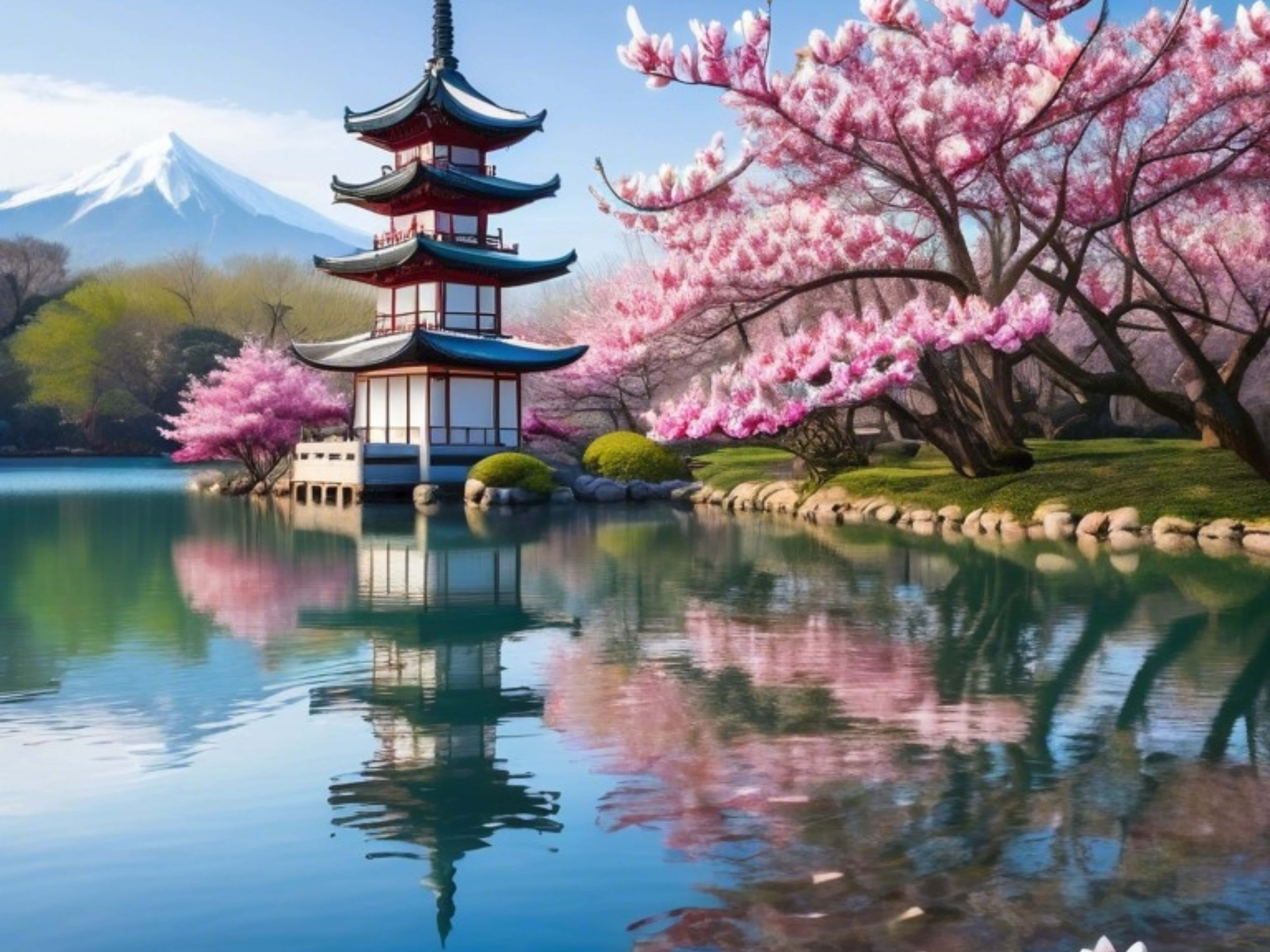 Peisaj japonez cu un lac linistit, copaci de cires, un altar si munti. Fundal