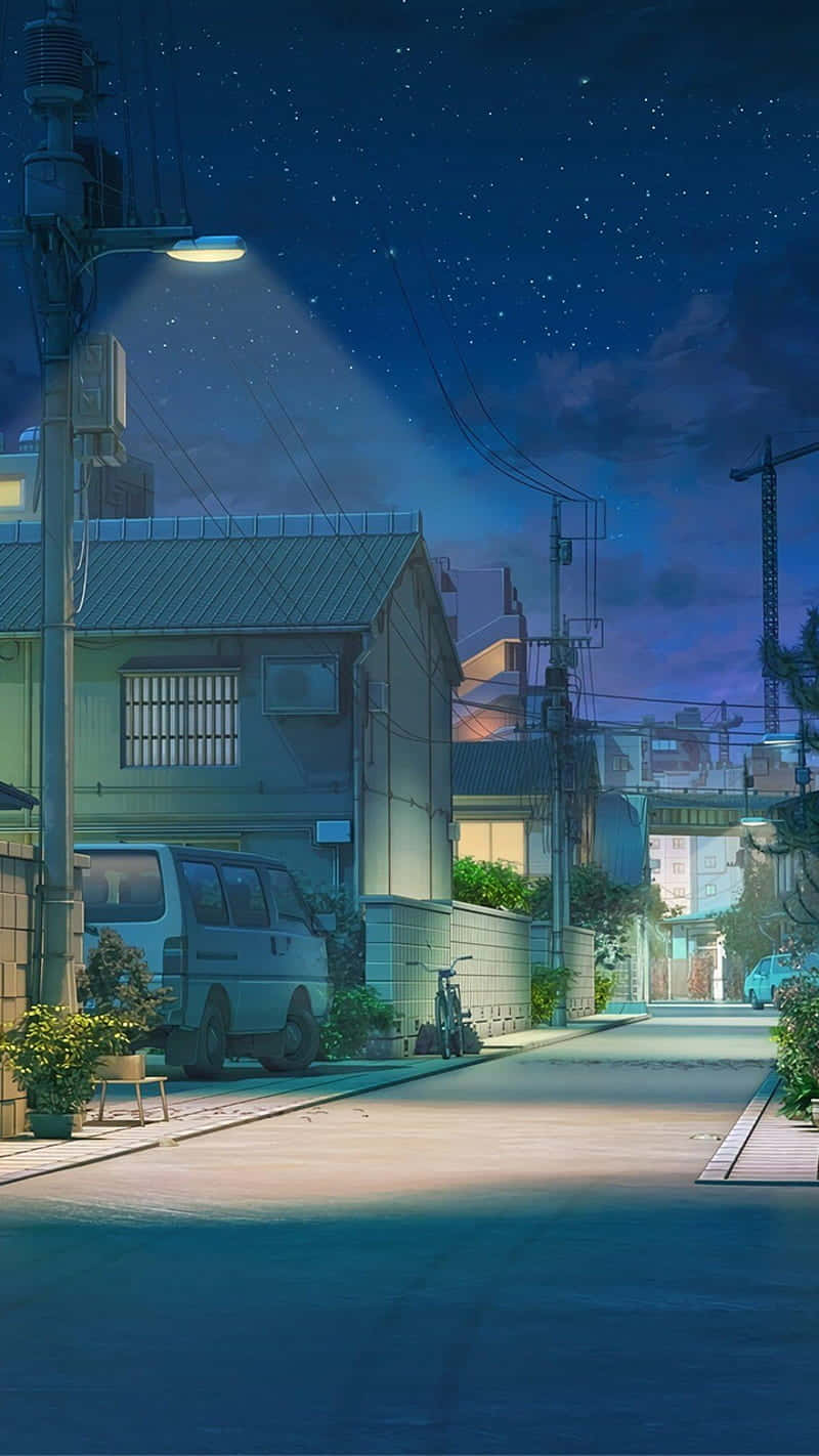 Peisaj Nocturn Anime al unei Comunități Urbane Fundal