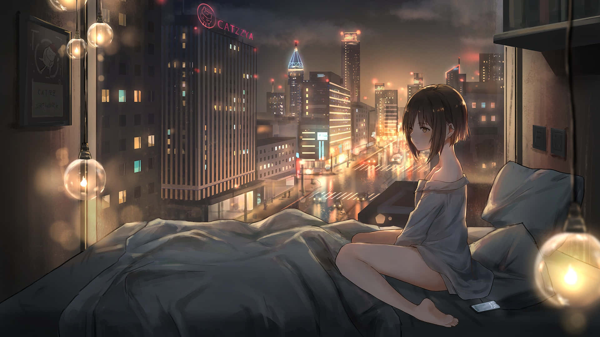 Peisaj nocturn al unui oraș anime plin de zgârie-nori Fundal
