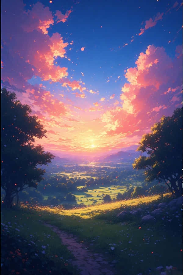 Peisaj Rural Anime la Apus Visător Vibrant 4K Fundal