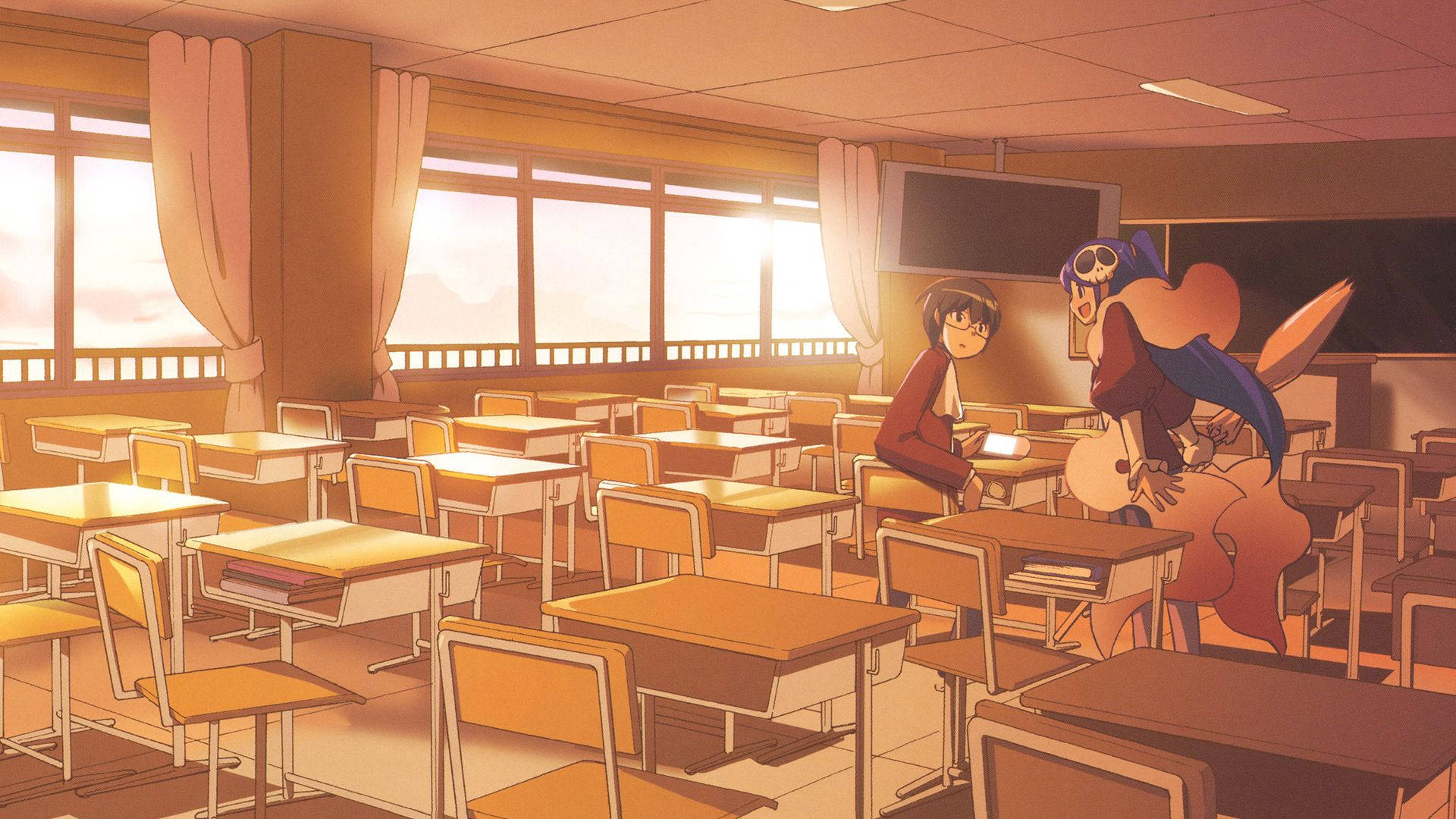 Peisaj școlar anime din The World God Only Knows cu Keima și Elucia Fundal