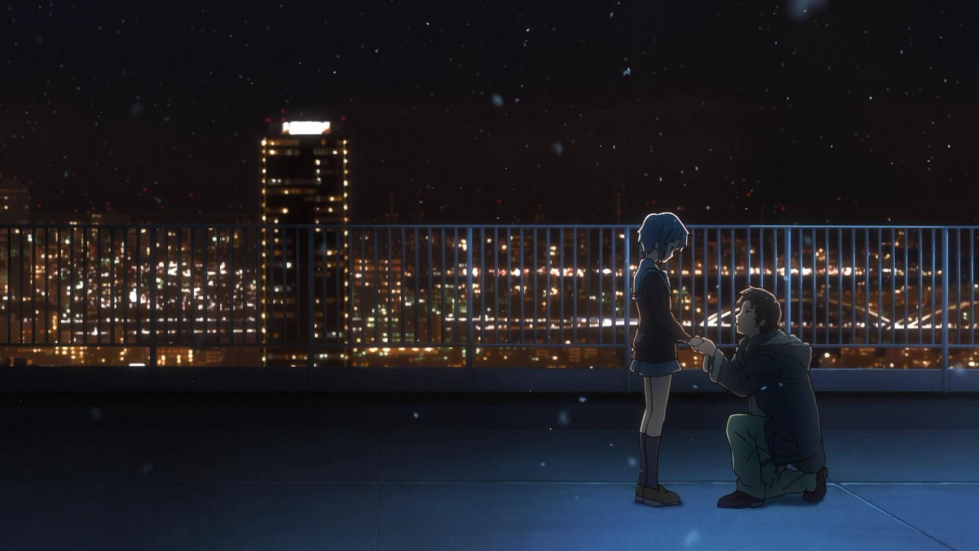 Peisaj școlar anime cu Yuki Nagato și Kyon pe acoperiș noaptea Fundal