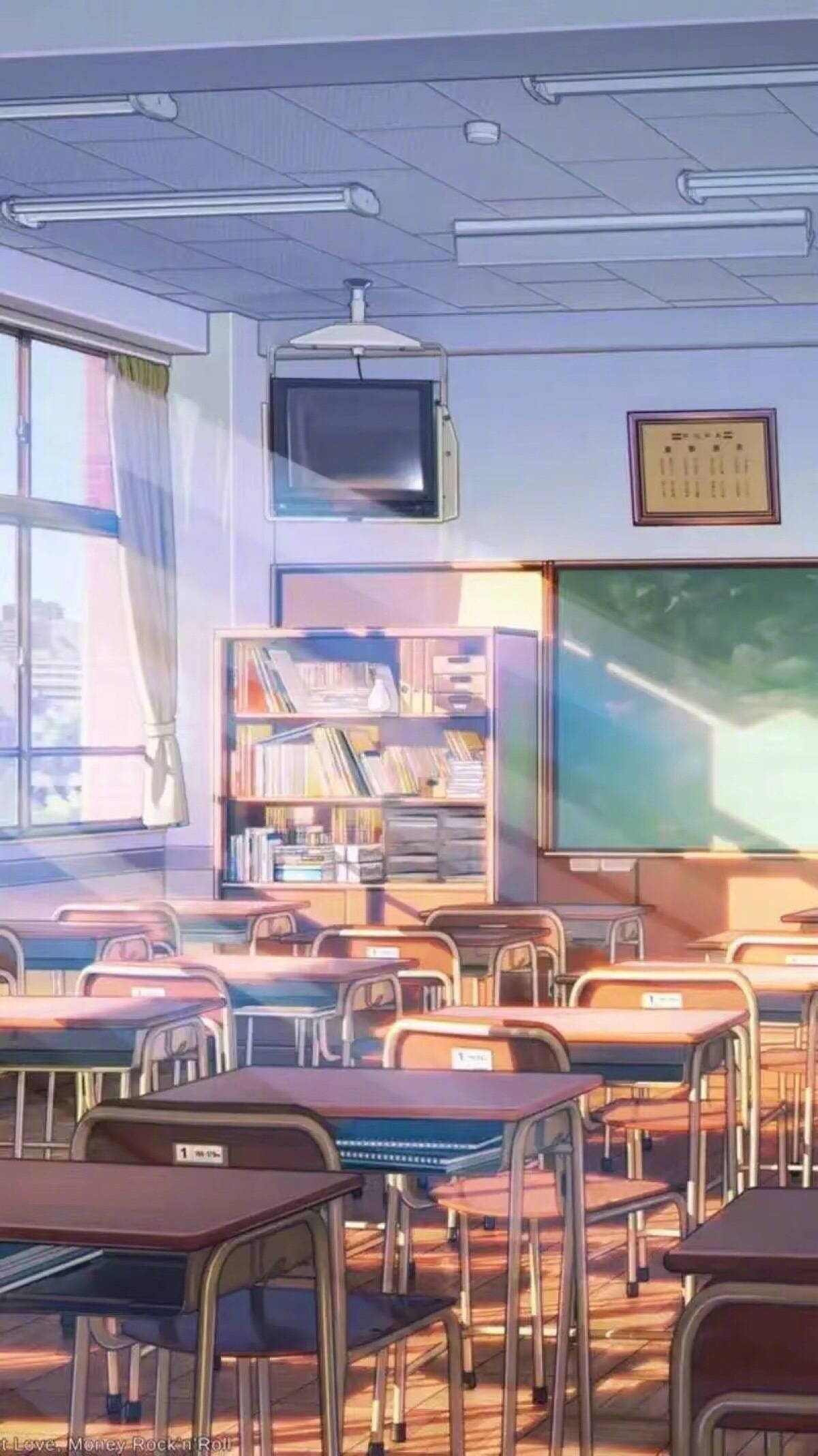 Peisaj școlar anime cu o sală de clasă și un televizor Fundal
