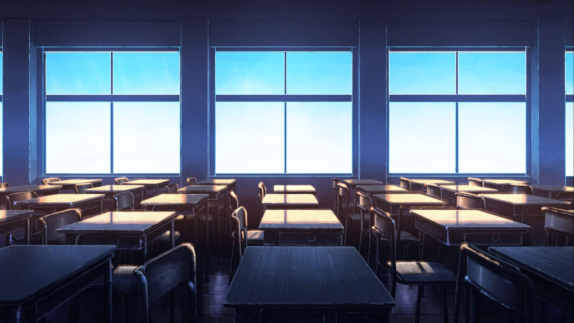 Peisaj școlar anime cu o sală de clasă și vedere pe fereastră Fundal