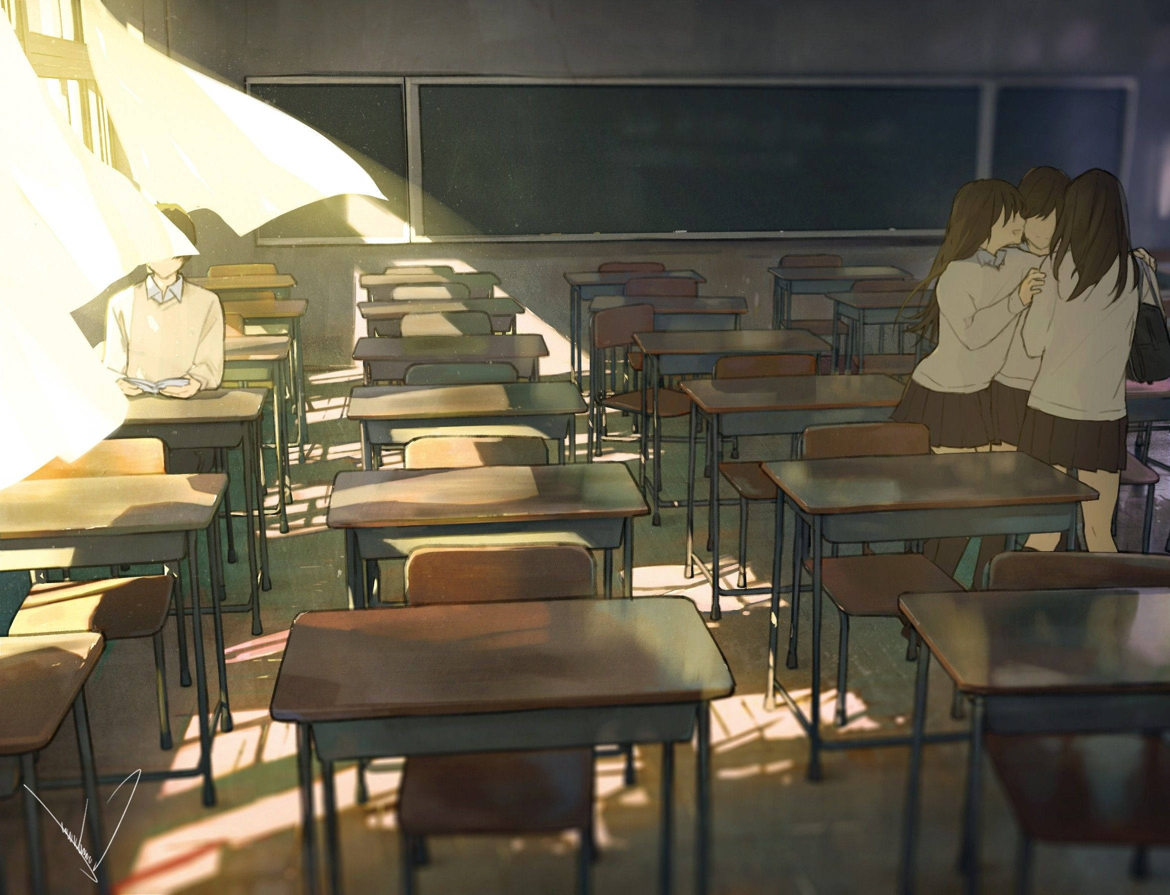 Peisaj școlar anime cu elevi într-o sală de clasă întunecată Fundal