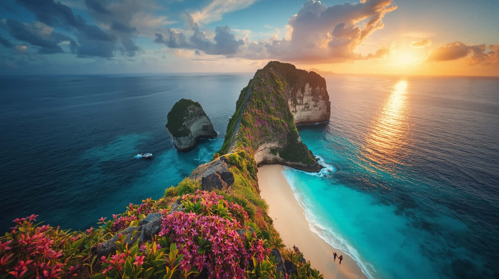 Peisaj Spectacular de Plajă pe Stâncă la Ora Auriu Fundal