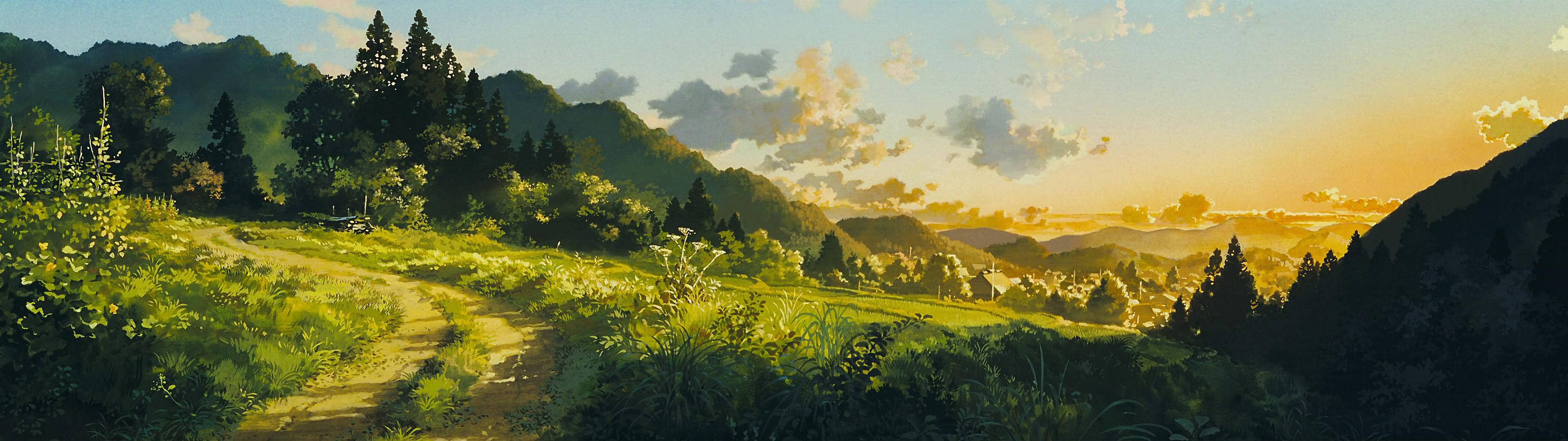 Peisaj verde inspirat de anime, perfect pentru wallpaper pe două monitoare Fundal