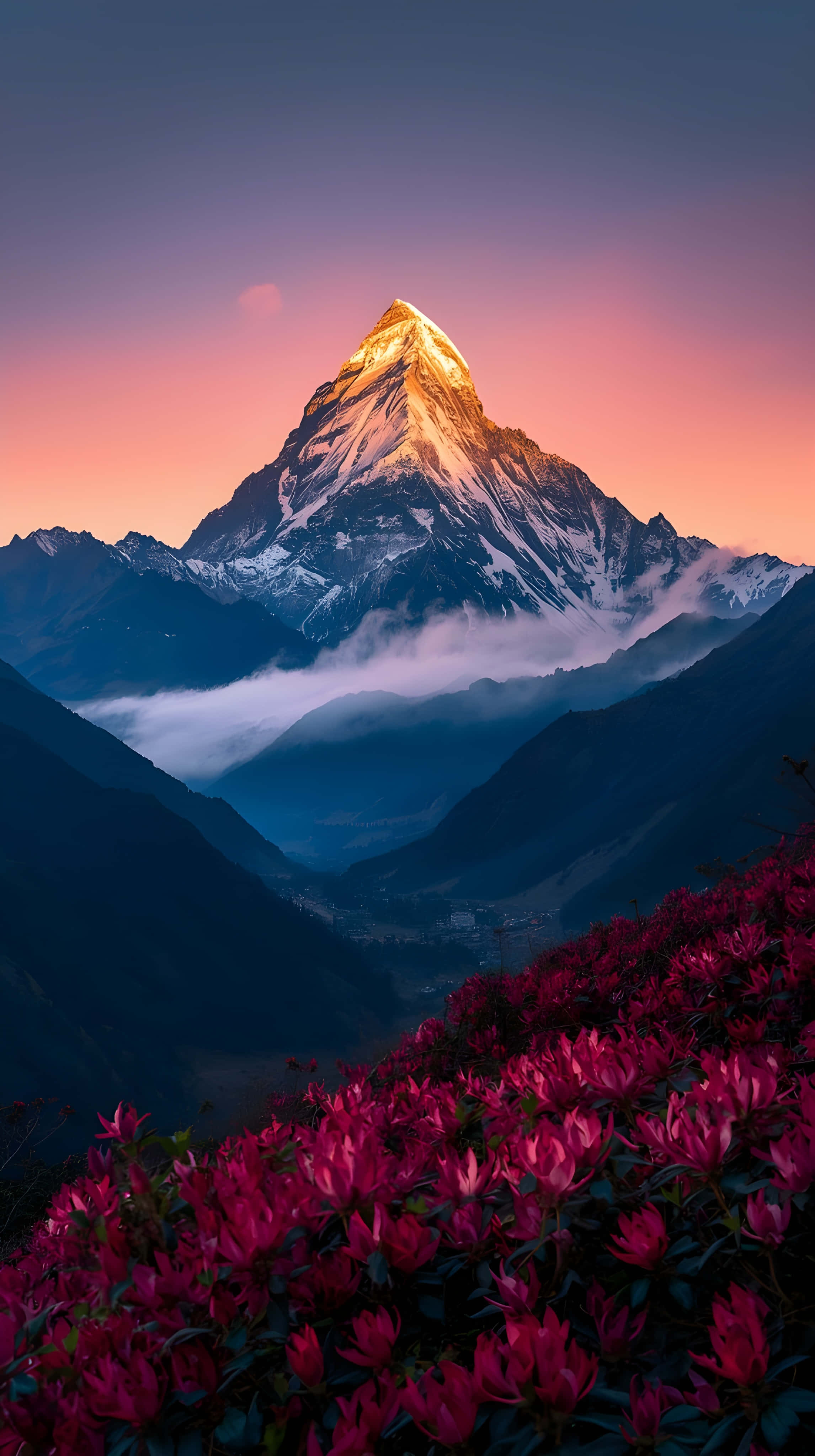 Peisaj vertical Himalayan la apus cu floră roz Fundal