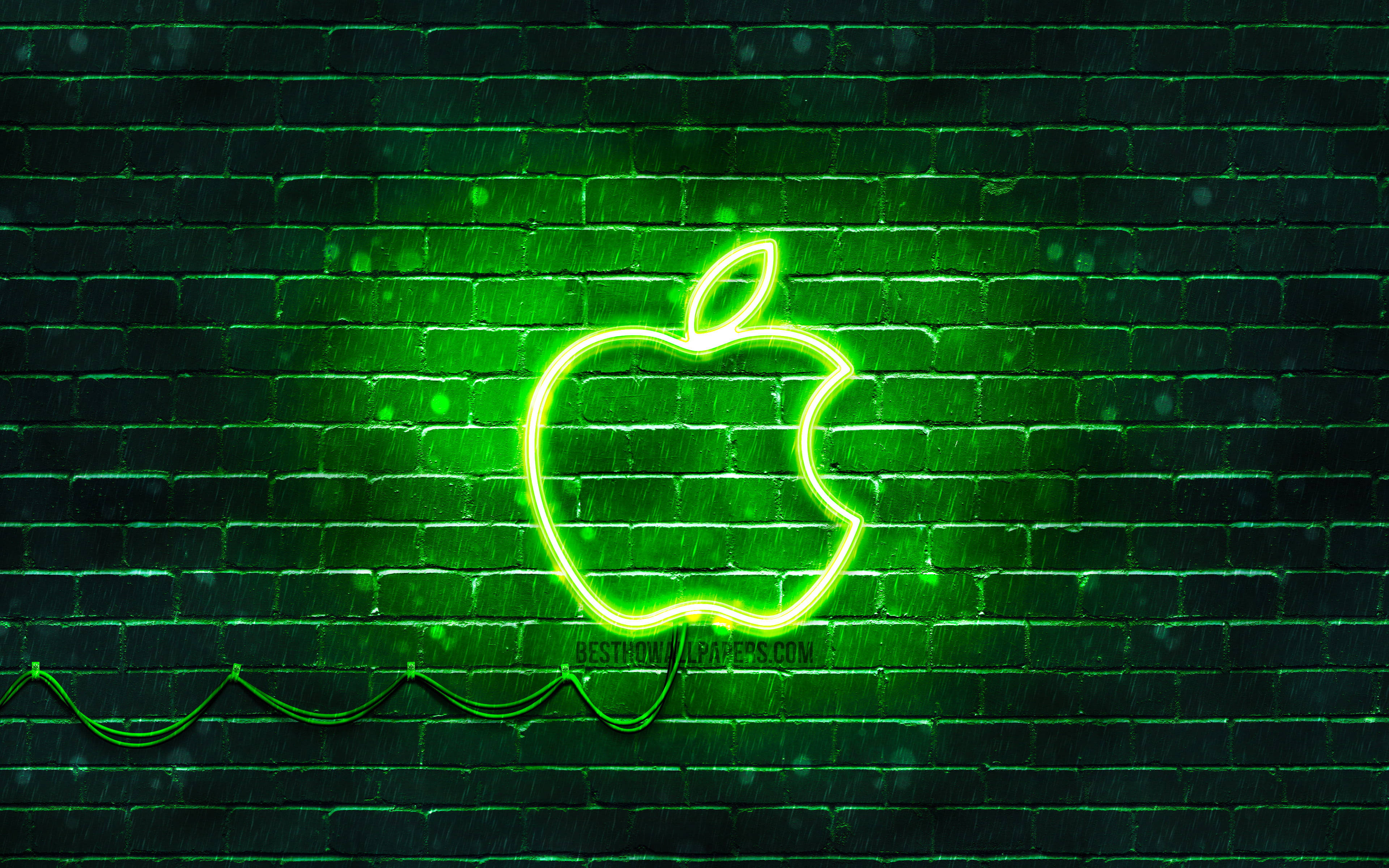 Perete de cărămidă Logo Apple Neon Verde Estetică Fundal