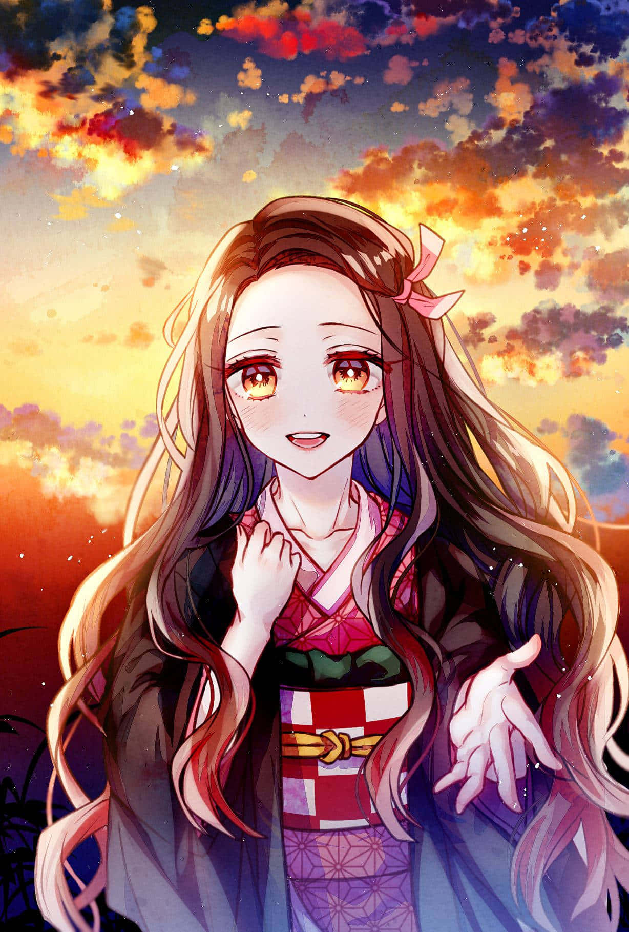 Personaj Anime Drăguț Nezuko Kamado cu Cer de Apus Fundal