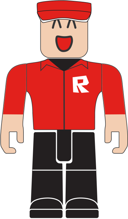 Personaj Roblox cu tricou roșu și logo R Fundal