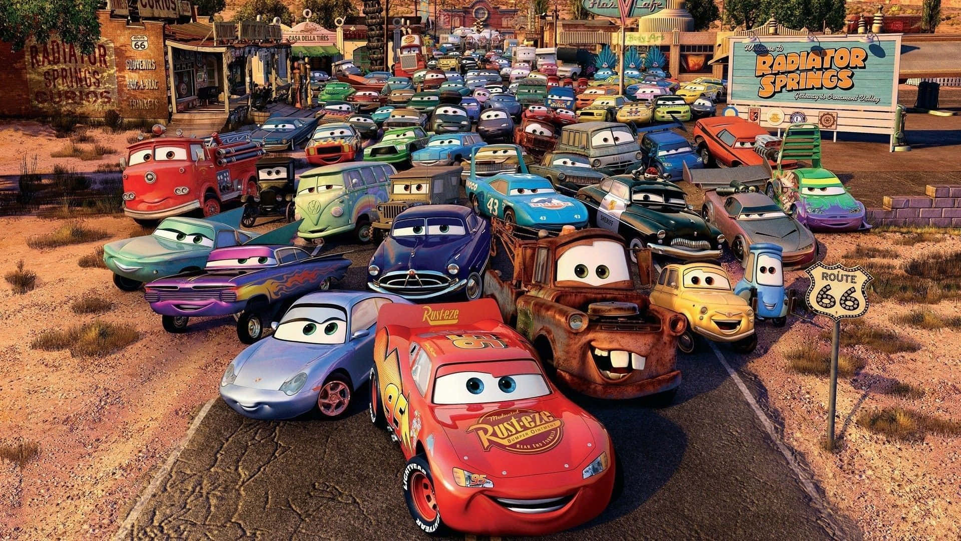Personaje animate Disney Movie Cars în Radiator Springs Fundal