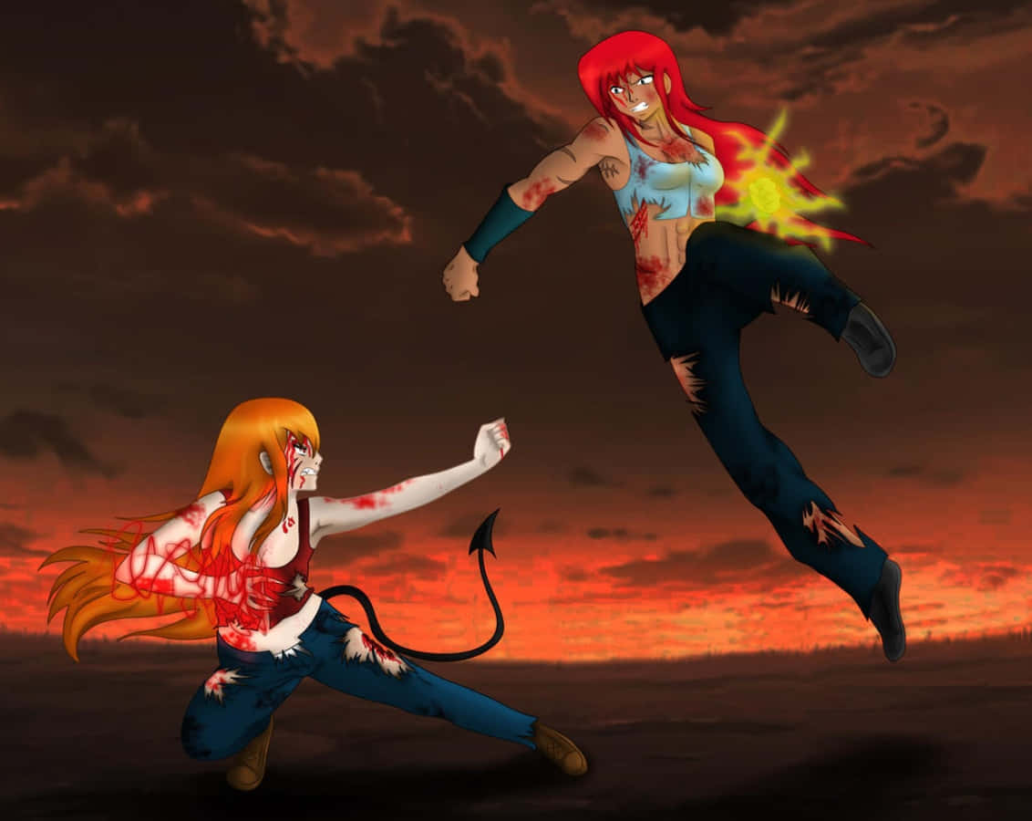 Personaje anime se luptă într-o confruntare epică Fundal