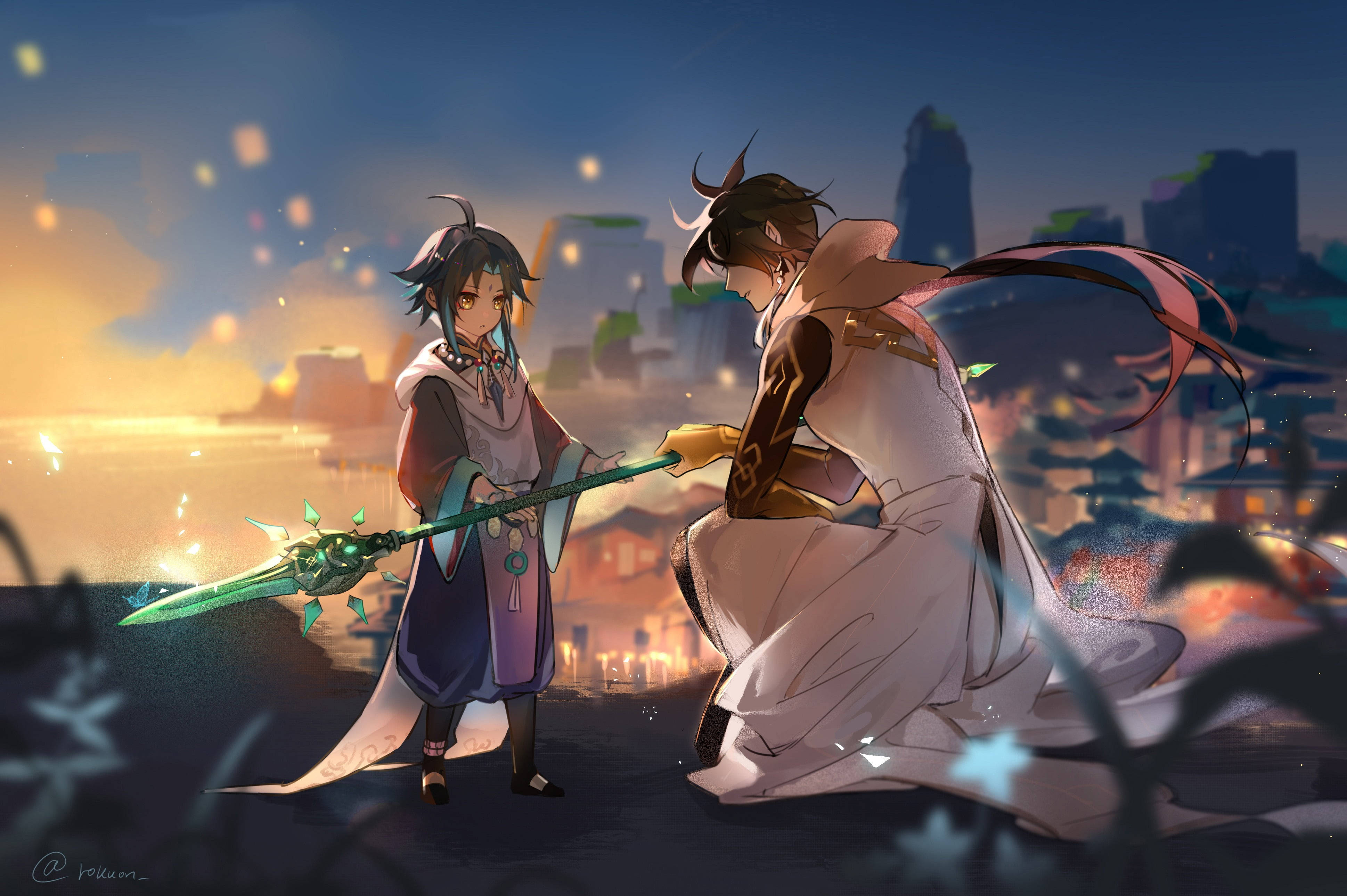 Personaje Anime Drăguți Zhongli și Xiao Fundal