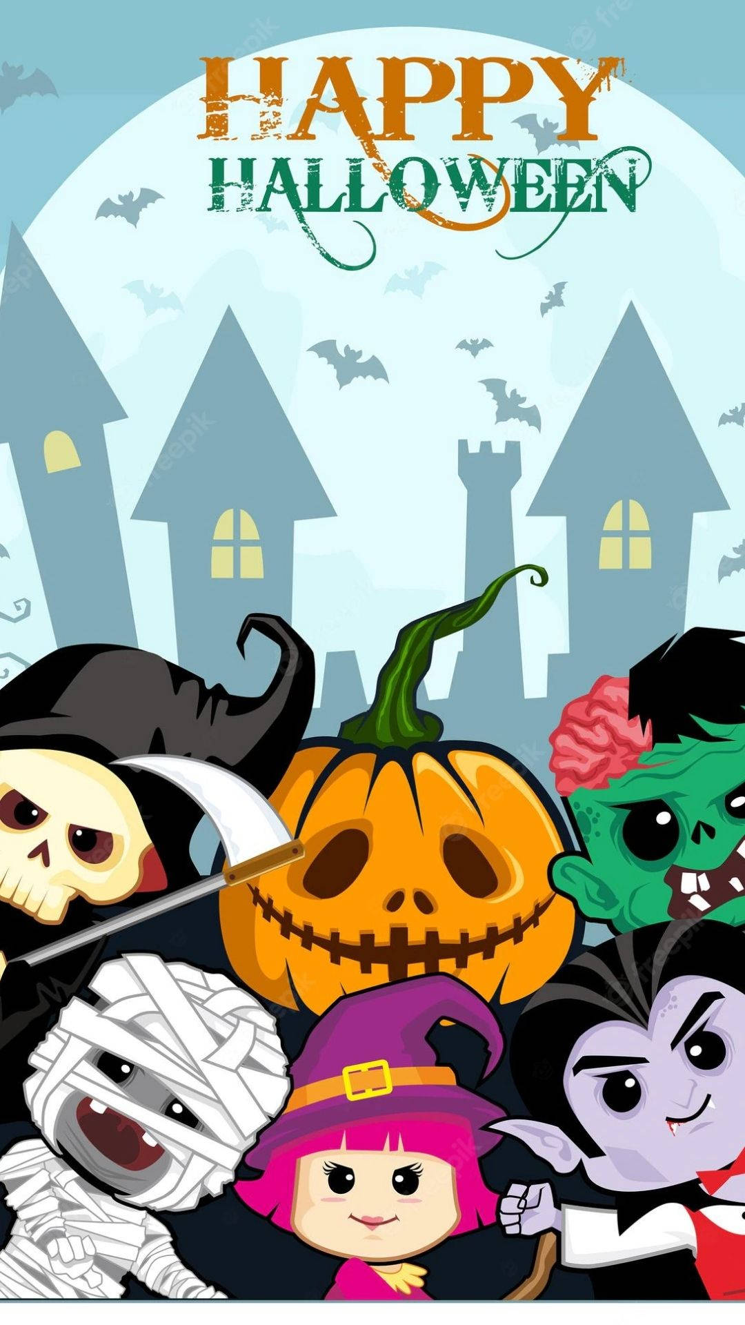 Personaje de desen animate care se uită în costum de Halloween Fundal