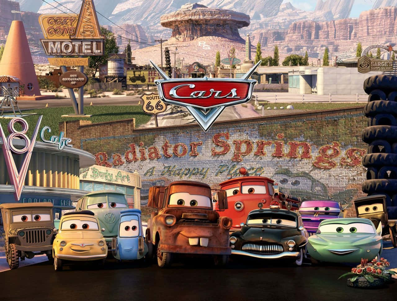 Personaje din filmul de animație Mașini în Radiator Springs Fundal